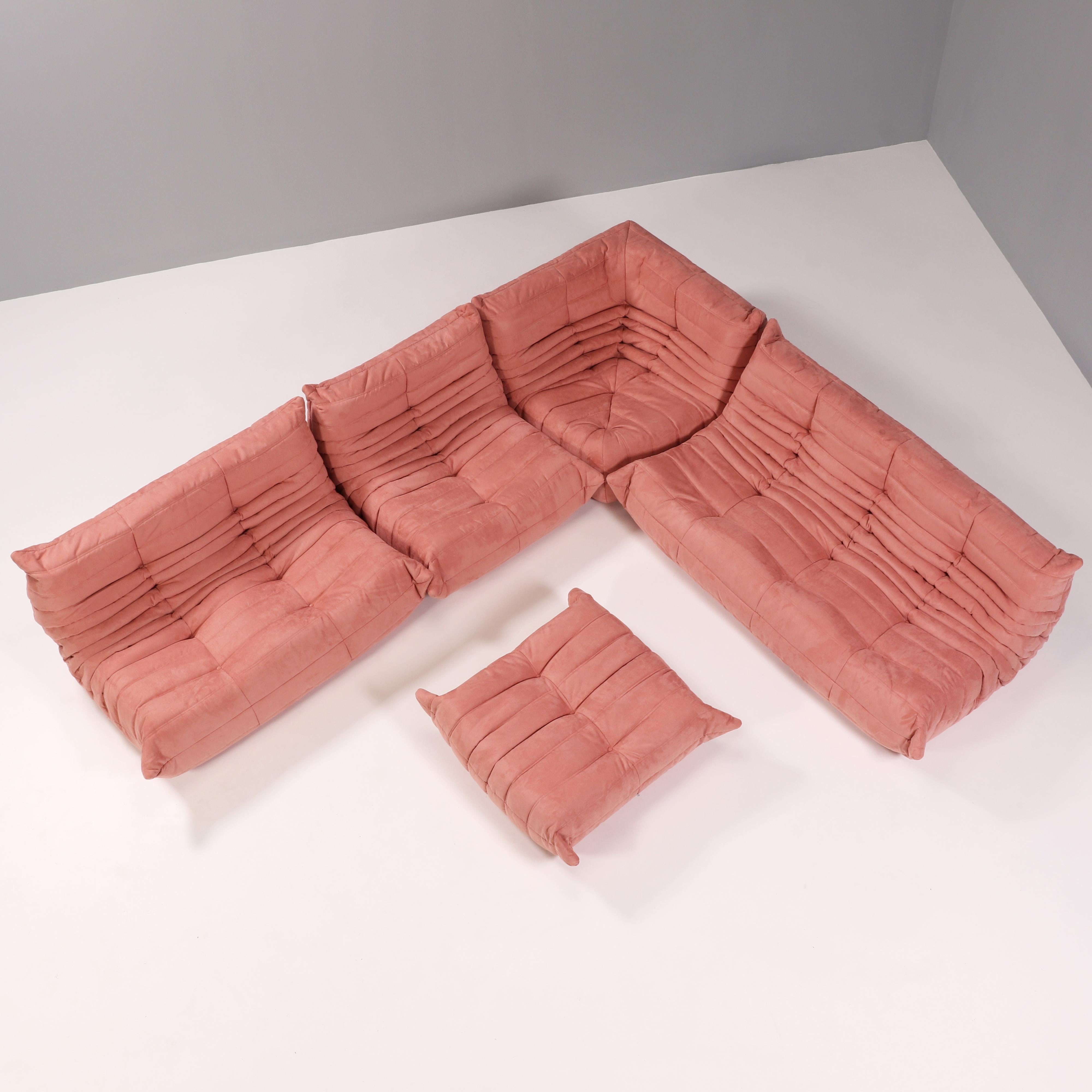 Fabric Ligne Roset by Michel Ducaroy Togo Pink Modular Sofa and Footstool, Set of Five For Sale