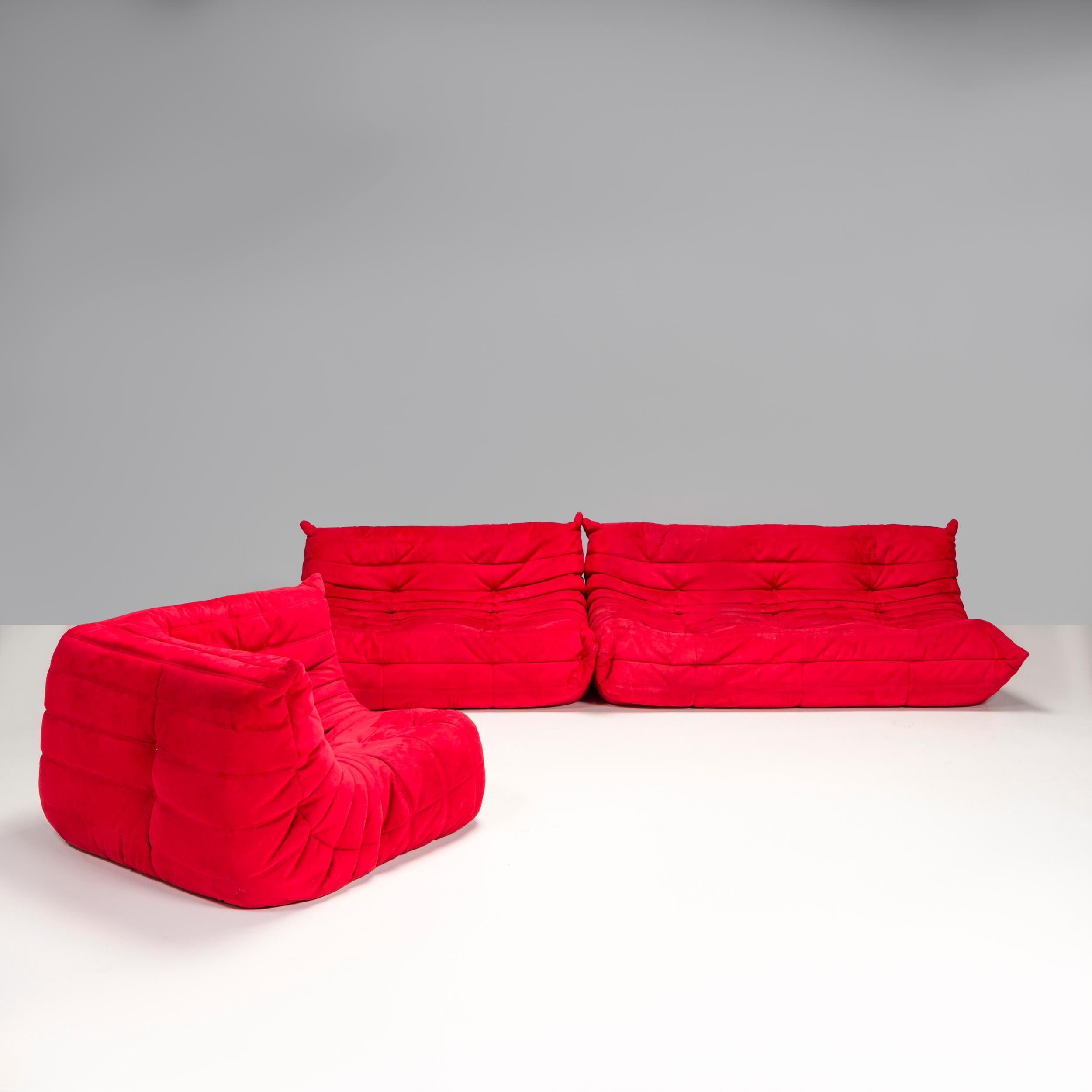 French Ligne Roset by Michel Ducaroy Togo Red Alcantara Sectional Sofa, Set of 3 For Sale