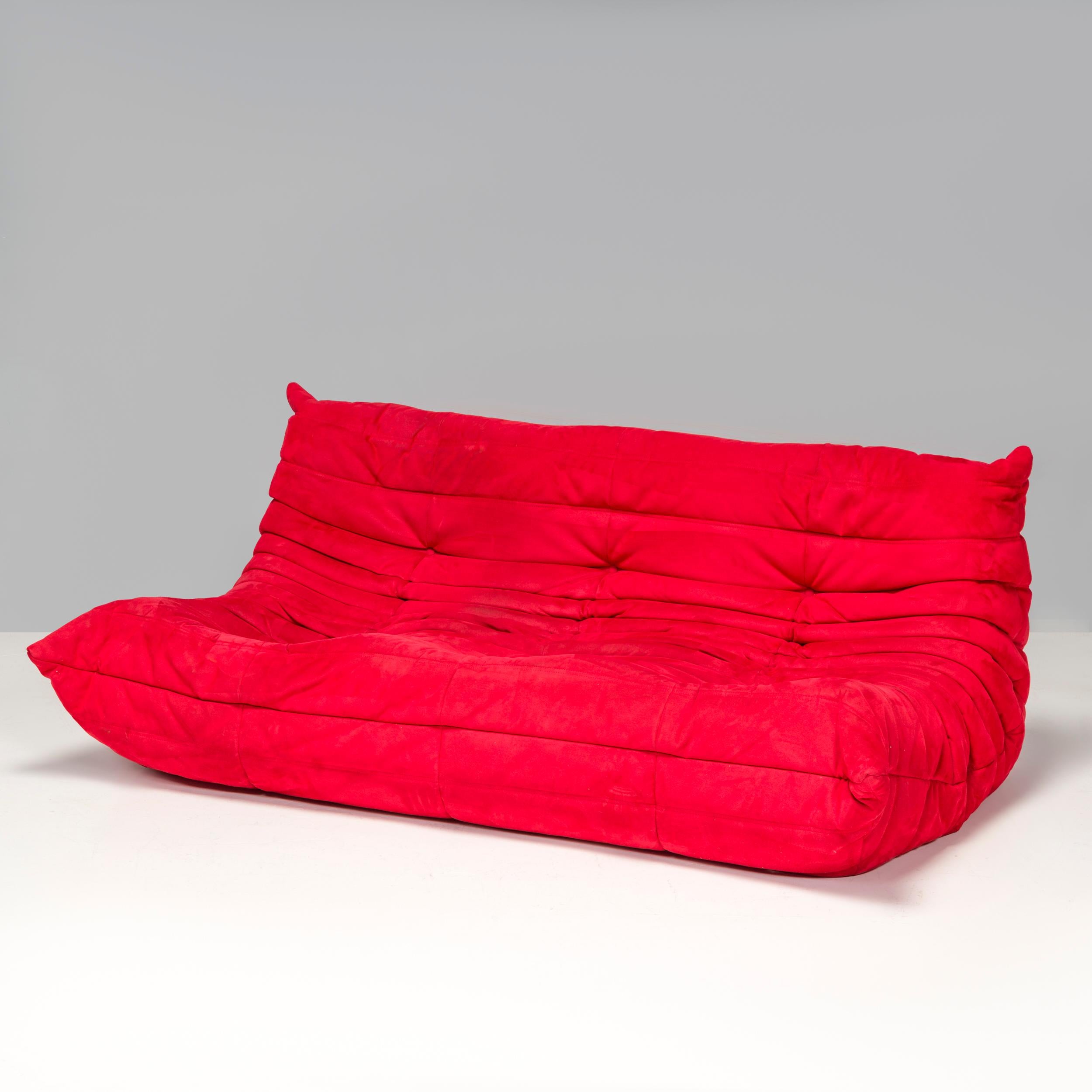Fabric Ligne Roset by Michel Ducaroy Togo Red Alcantara Sectional Sofa, Set of 3
