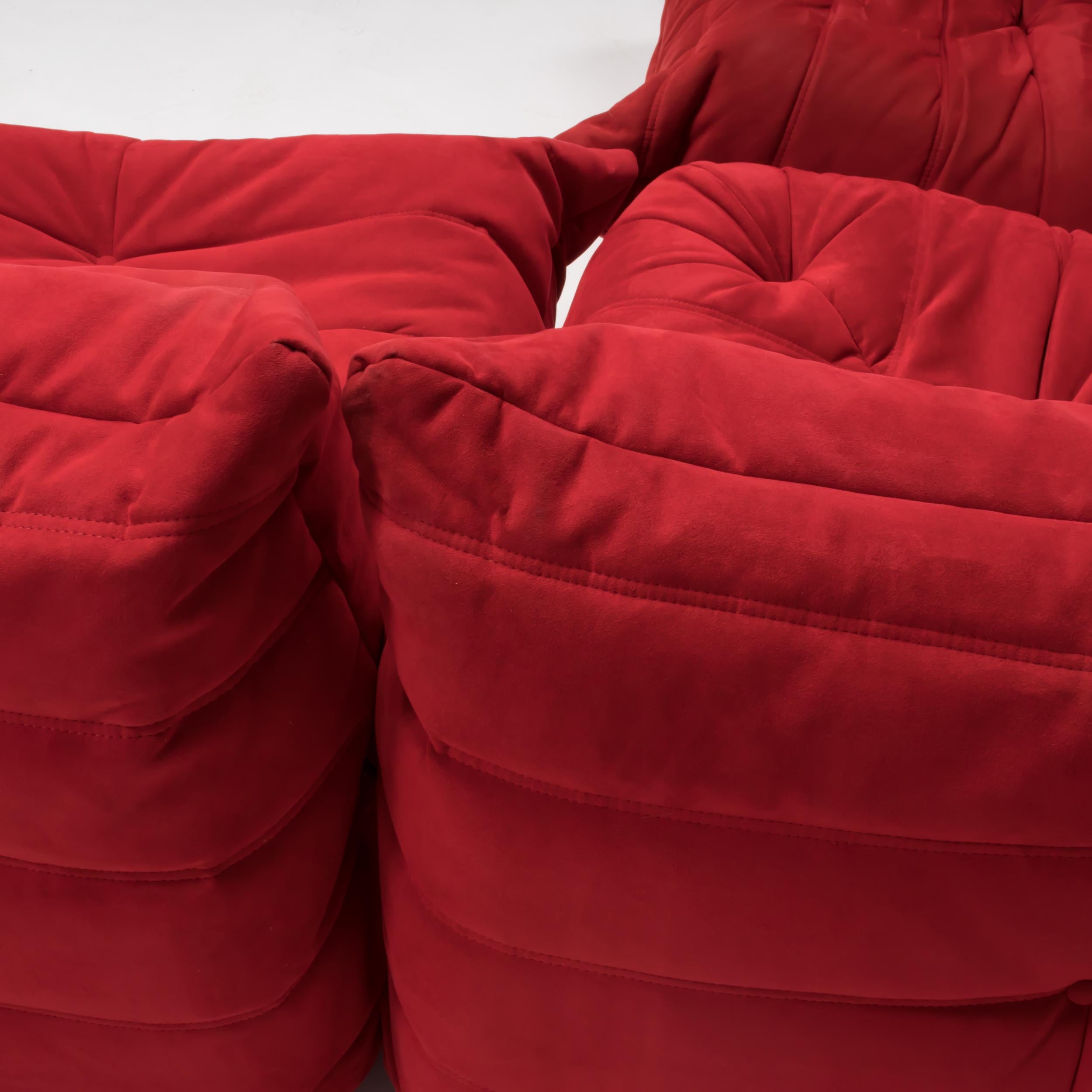 Suede Ligne Roset by Michel Ducaroy Togo Red Alcantara Sofa and Armchairs, Set of 5