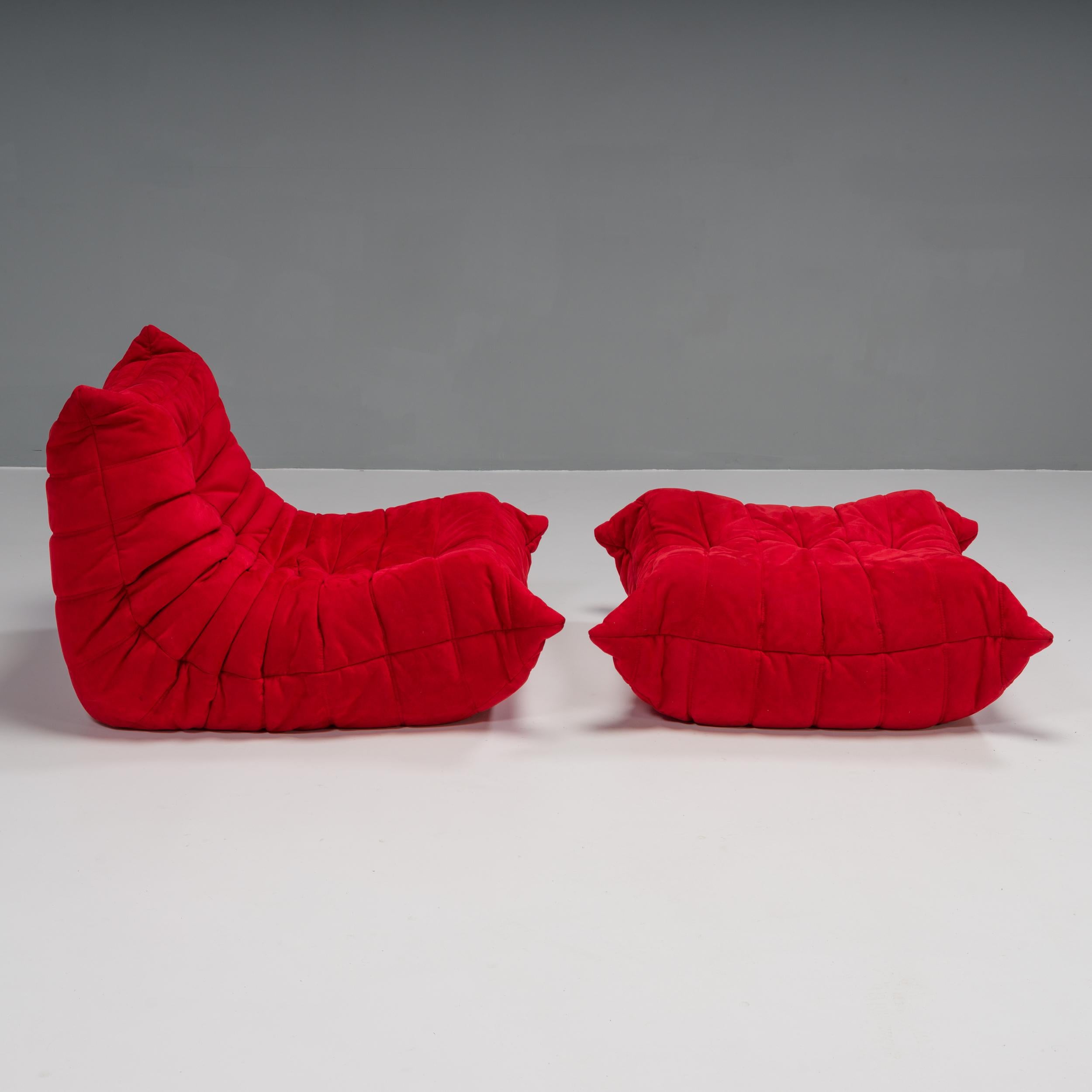 Mid-Century Modern Ligne Roset by Michel Ducaroy Togo Red Armchair and Footstool, Set of Two