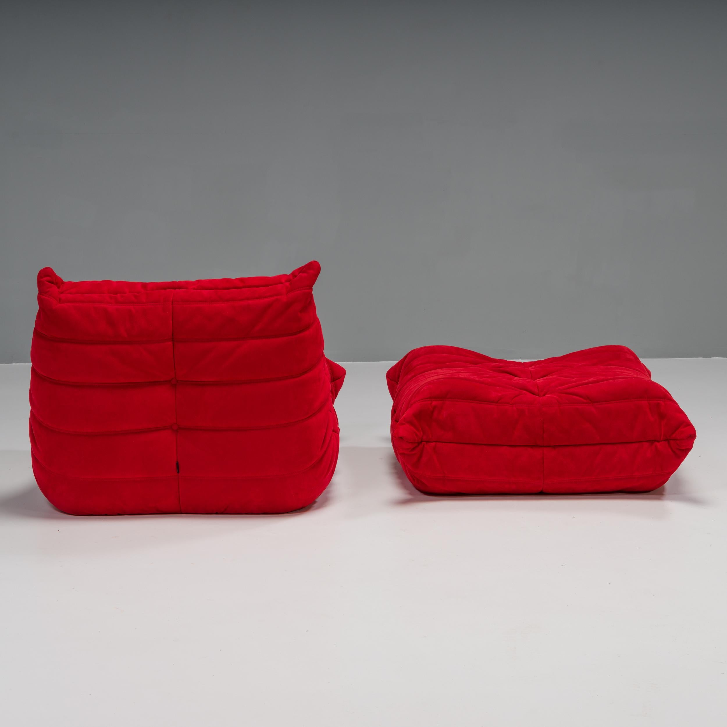 French Ligne Roset by Michel Ducaroy Togo Red Armchair and Footstool, Set of Two