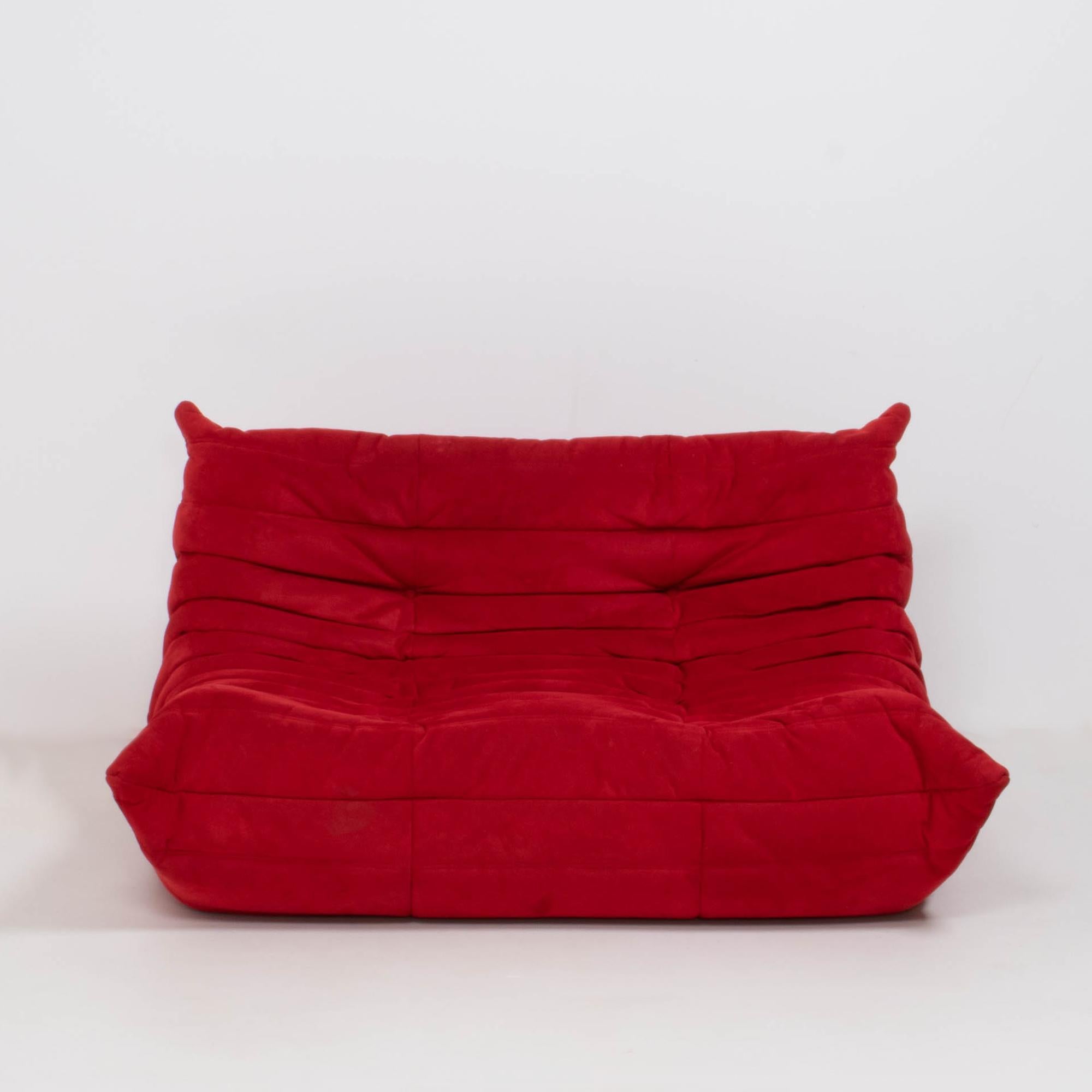 French Ligne Roset by Michel Ducaroy Togo Red Modular Sofas and Footstool, Set of 3