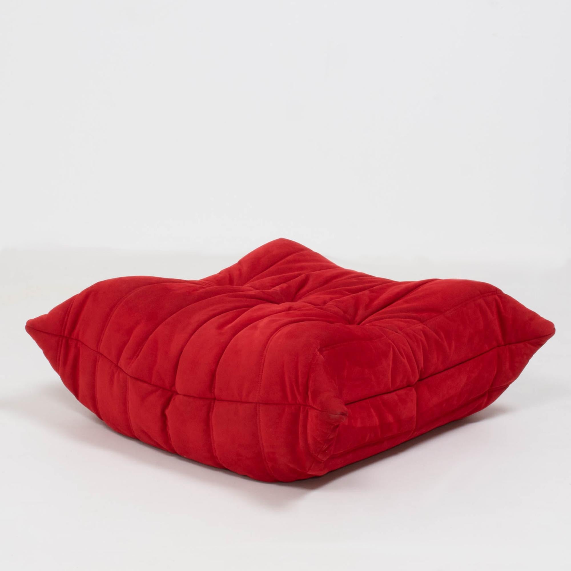 Late 20th Century Ligne Roset by Michel Ducaroy Togo Red Suede Sofa and Footstool, Set of 2