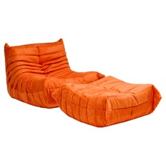 Ligne Roset by Michel Ducaroy Togo Tangerine Armchair and Footstool, Set of Two