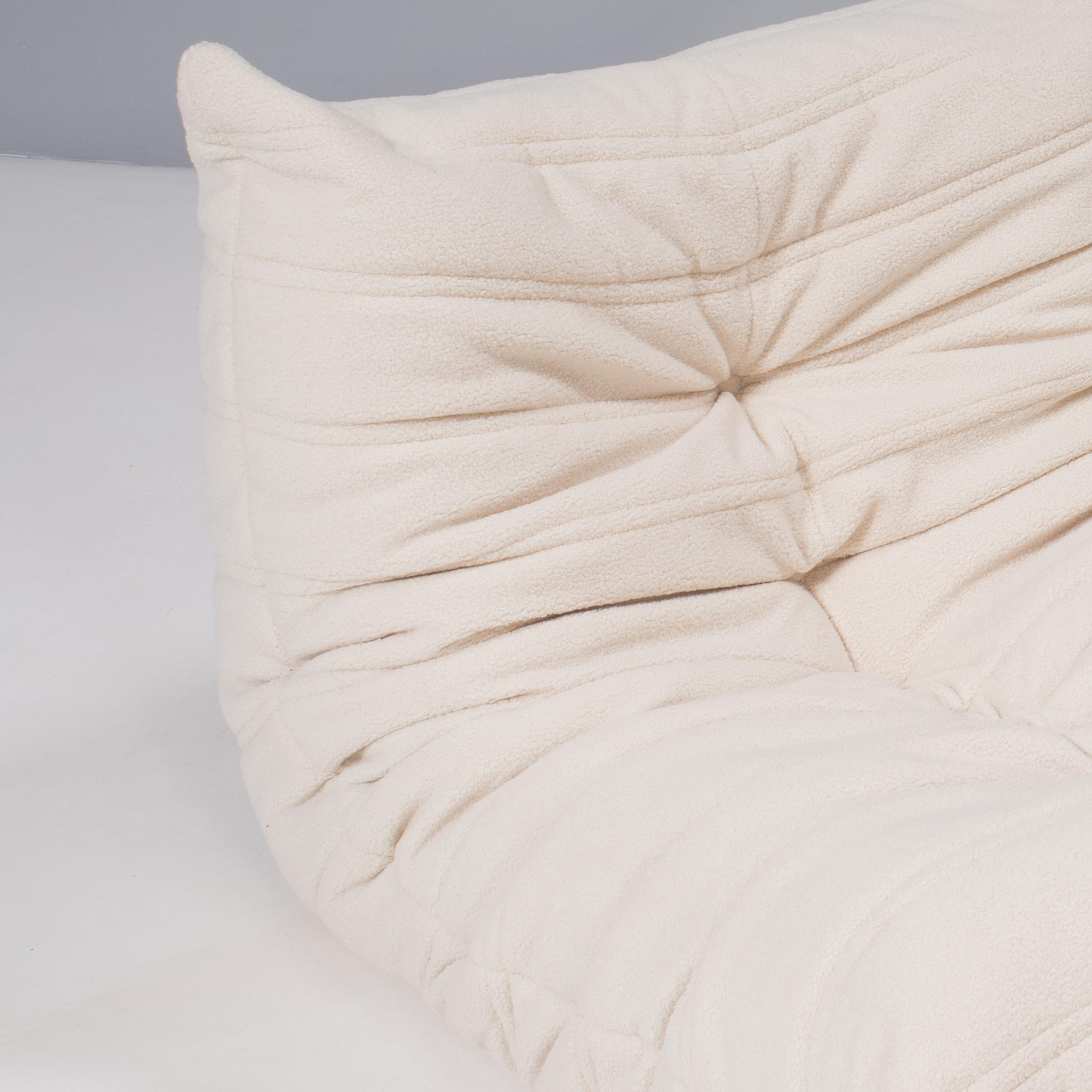French Ligne Roset by Michel Ducaroy Togo White Bouclé Armchair & Footstool, Set of 2