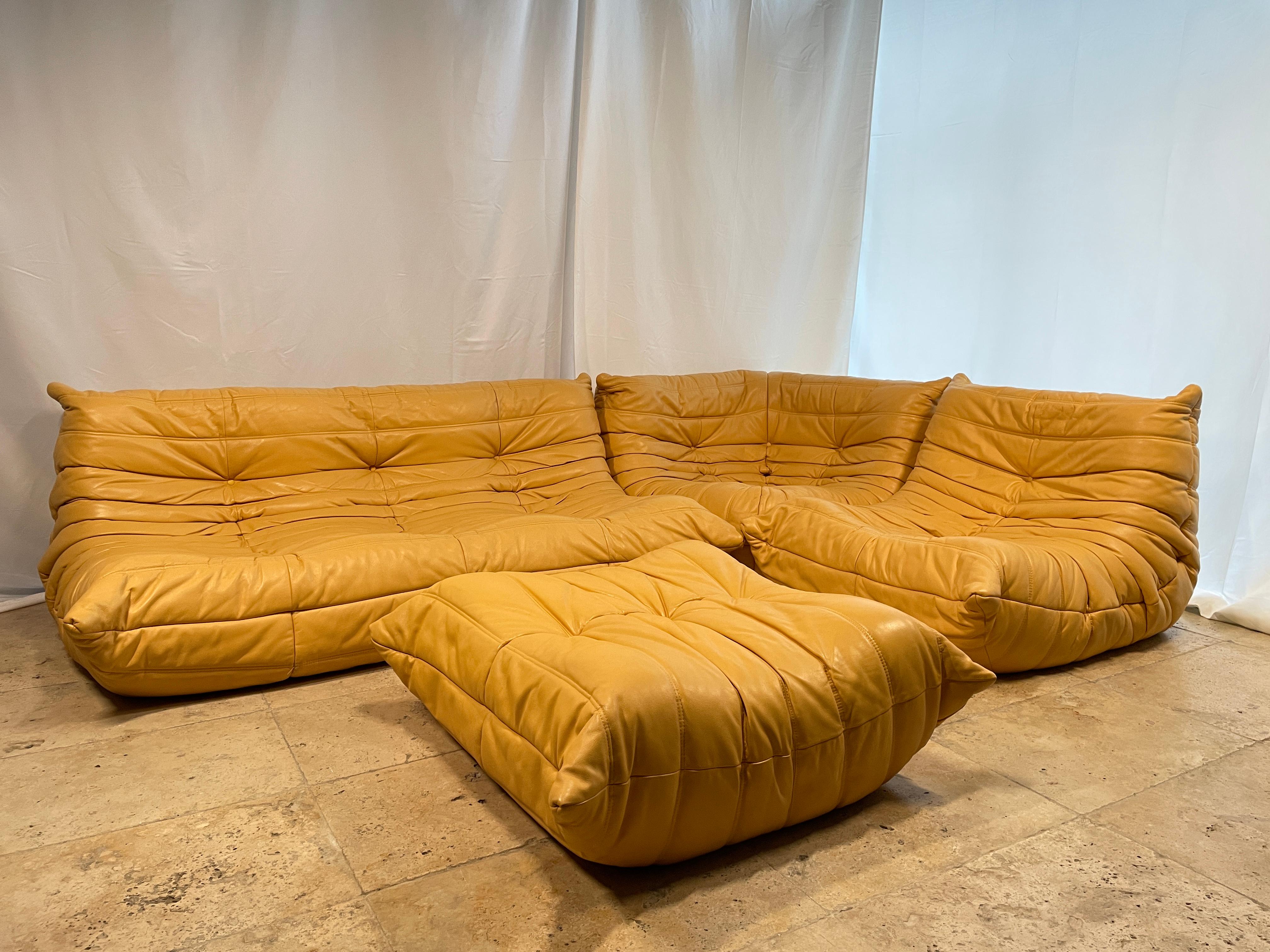 French Ligne Roset by Michel Ducaroy Togo Yellow  leather Modular Sofa Set of 4