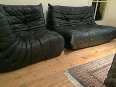 Ligne Roset by Michel Ducaroy TogoSchwarzes Ledersofa:: 3er-Set