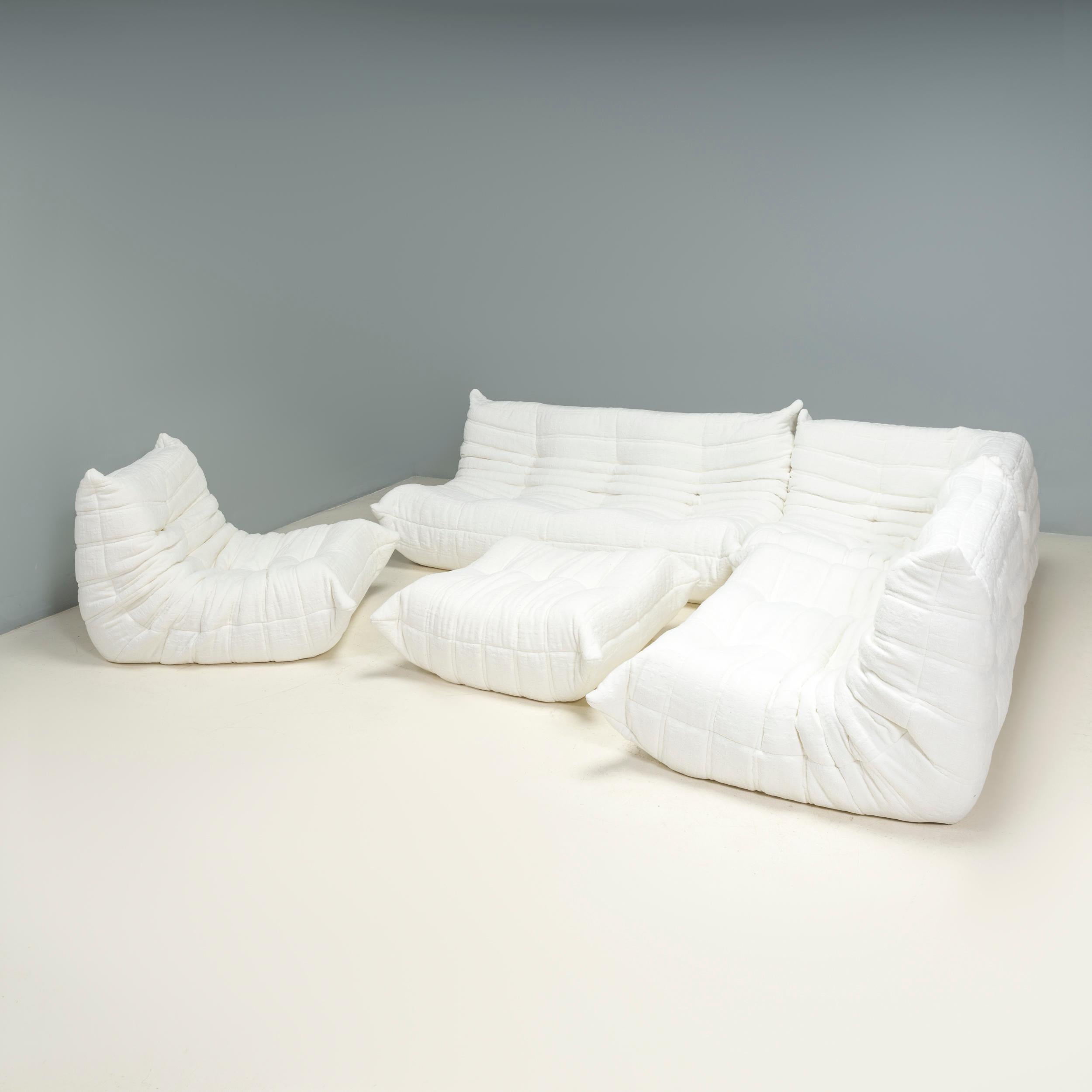 20th Century Ligne Roset by Michel Ducaroy White Bouclé Togo Sofa and Footstool, Set of Five