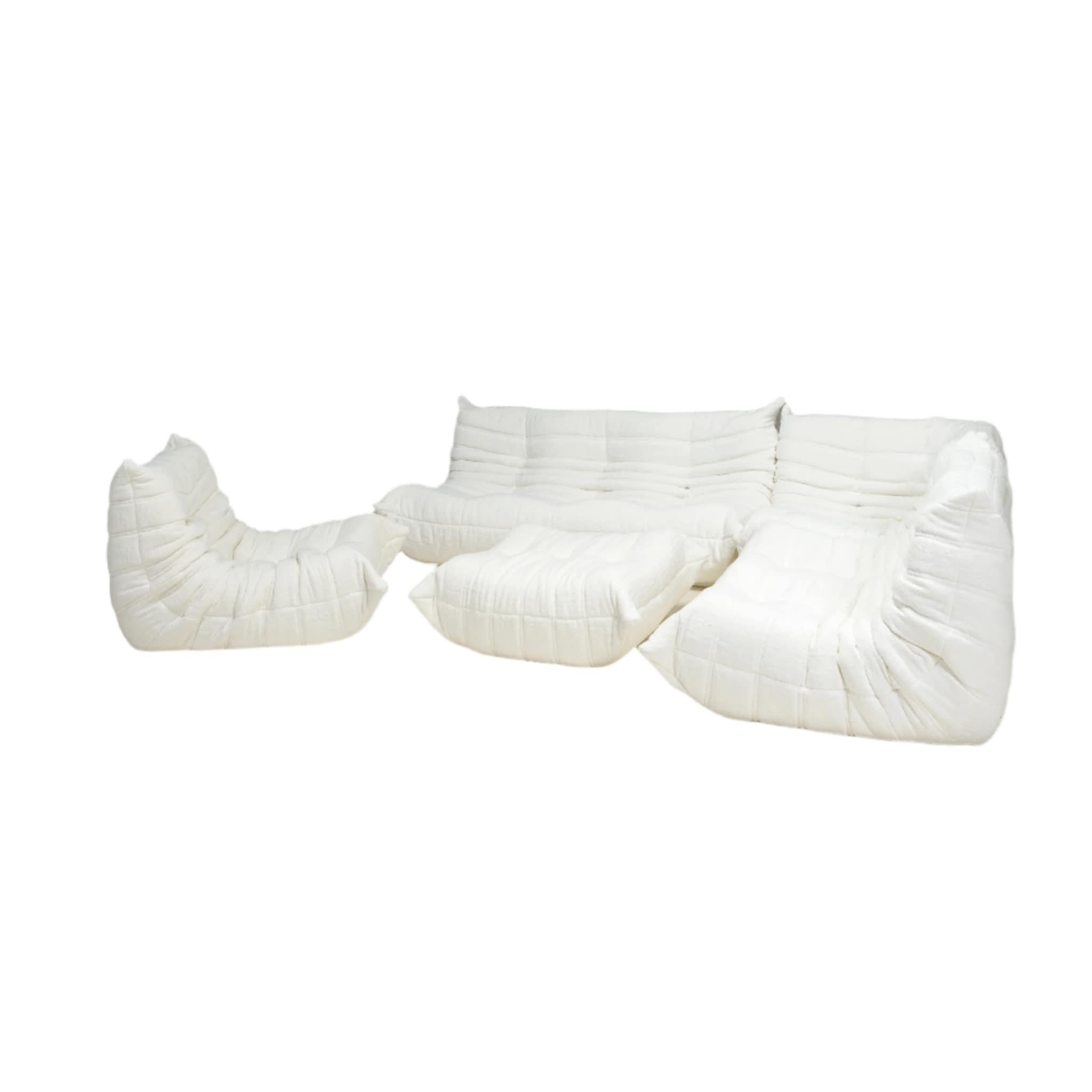 Ligne Roset by Michel Ducaroy White Bouclé Togo Sofa and Footstool, Set of Five In Good Condition For Sale In Basildon, London