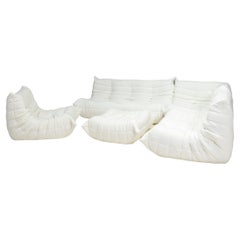 Ligne Roset by Michel Ducaroy White Bouclé Togo Sofa and Footstool, Set of Five