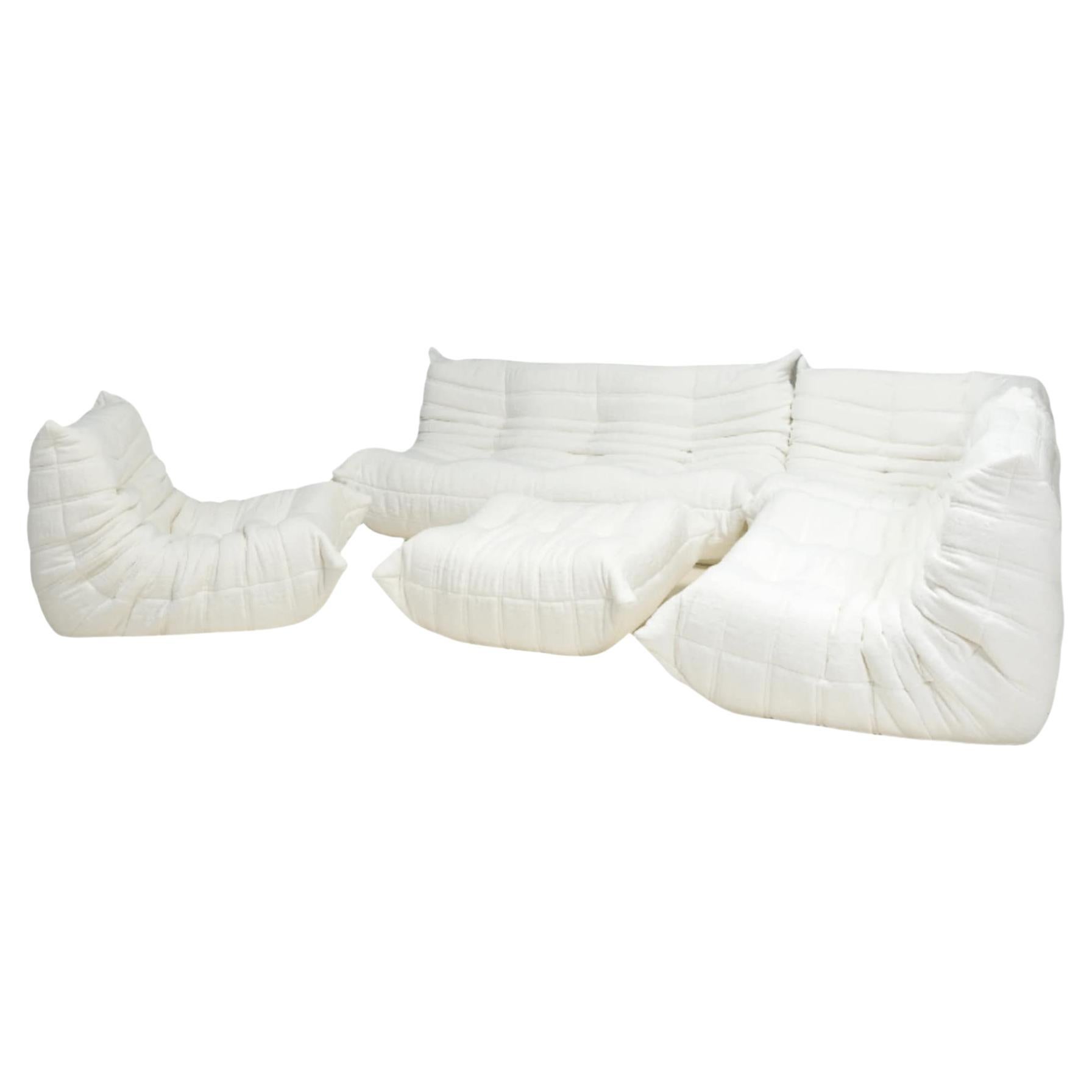 Ligne Roset by Michel Ducaroy White Bouclé Togo Sofa and Footstool, Set of Five