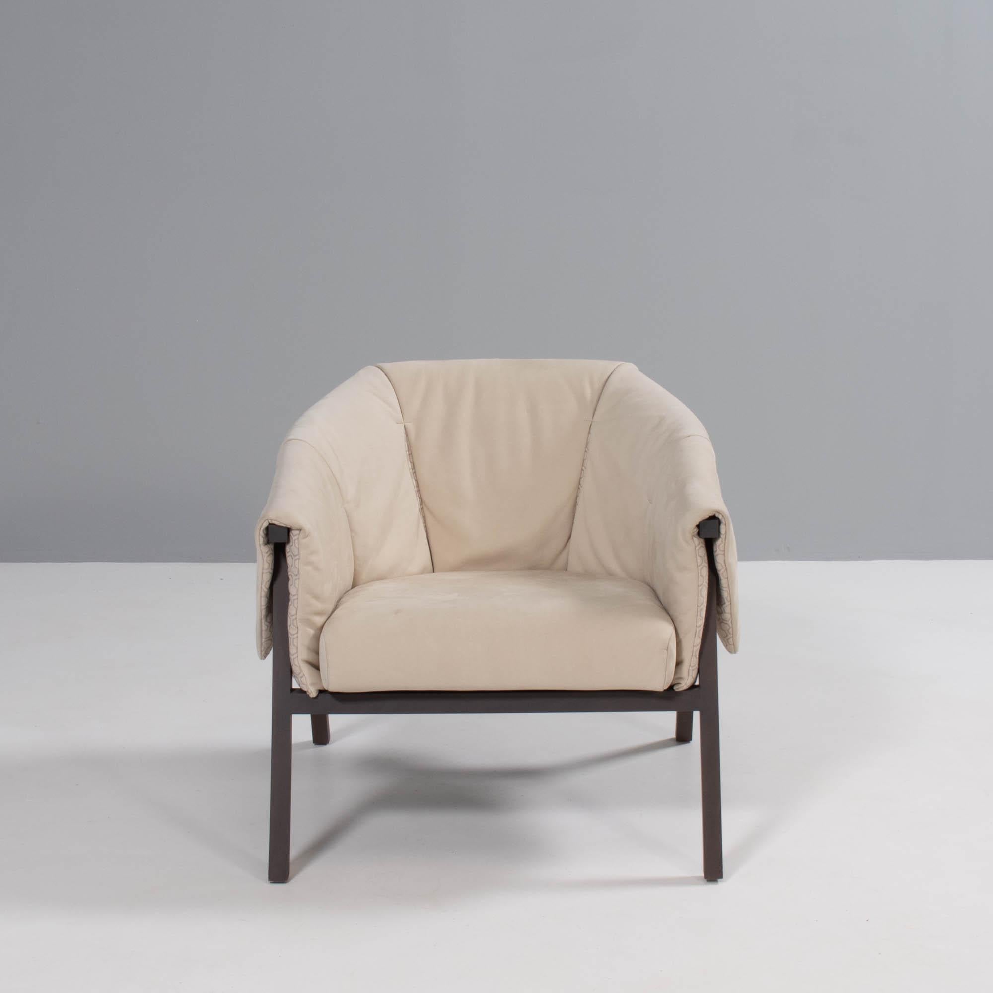 Contemporary Ligne Roset by Studio Catoir Okumi Cream Leather Armchairs, Set of 2