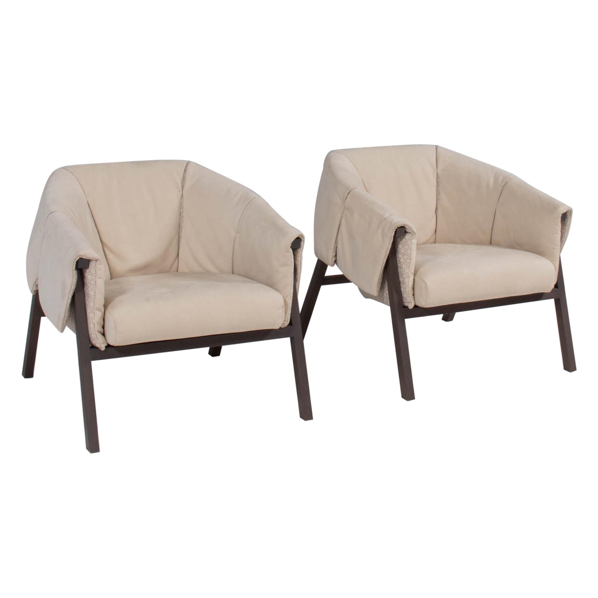 Ligne Roset by Studio Catoir Okumi Cream Leather Armchairs, Set of 2