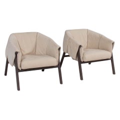 Used Ligne Roset by Studio Catoir Okumi Cream Leather Armchairs, Set of 2