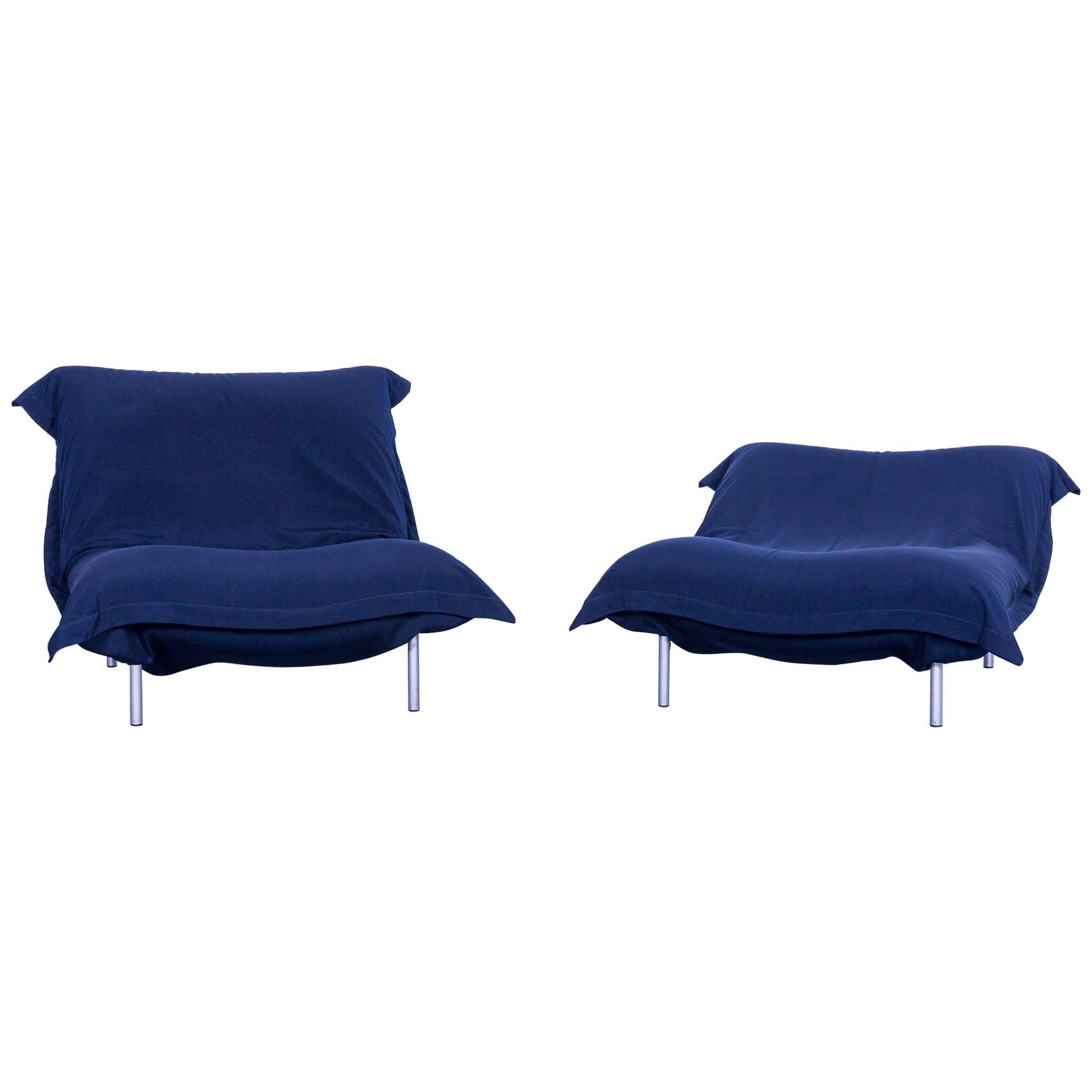 Ligne Roset Calin Designer Fabric Chair Set Blue One-Seat For Sale