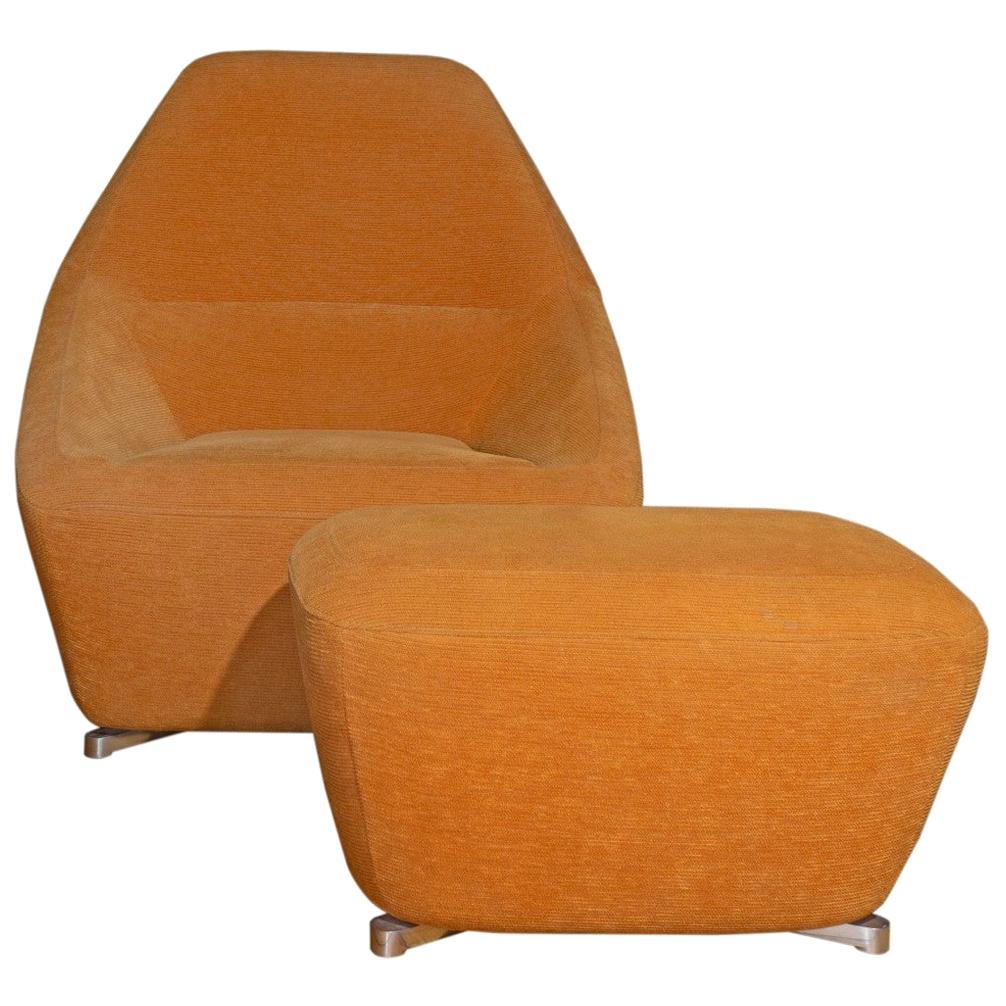 Ligne Roset Chair and Ottoman in Orange Mohair