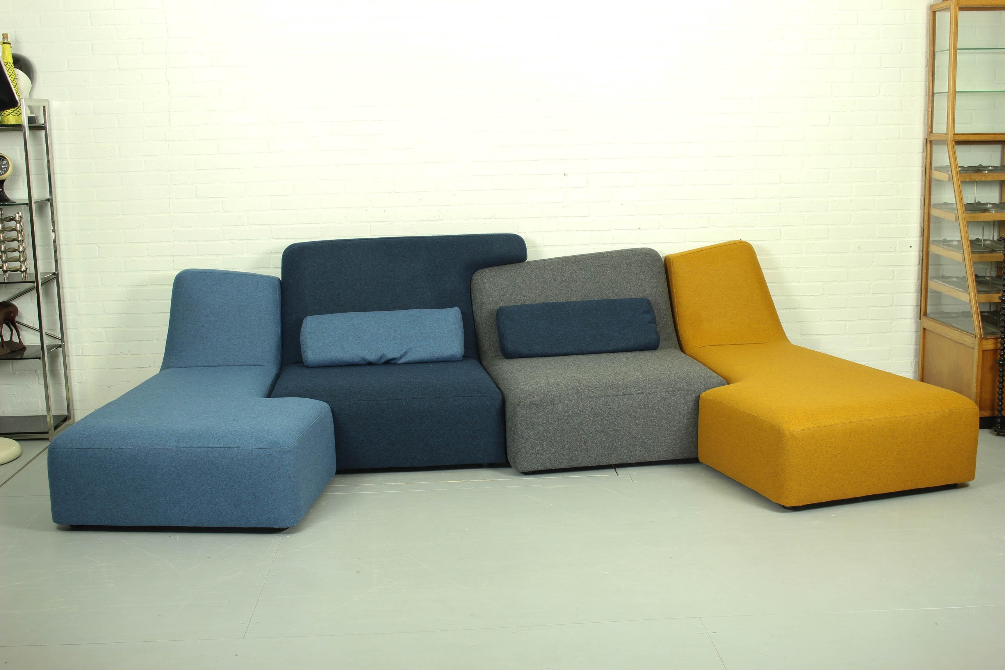 Confluences asymmetrical elements Philippe Nigro Ligne Roset France. Beautiful new wool melange (Kvadrat and Camira fabric) upholstery in various colors. Elements are in as good as new condition. The set consists of 4 elements and two seperate down