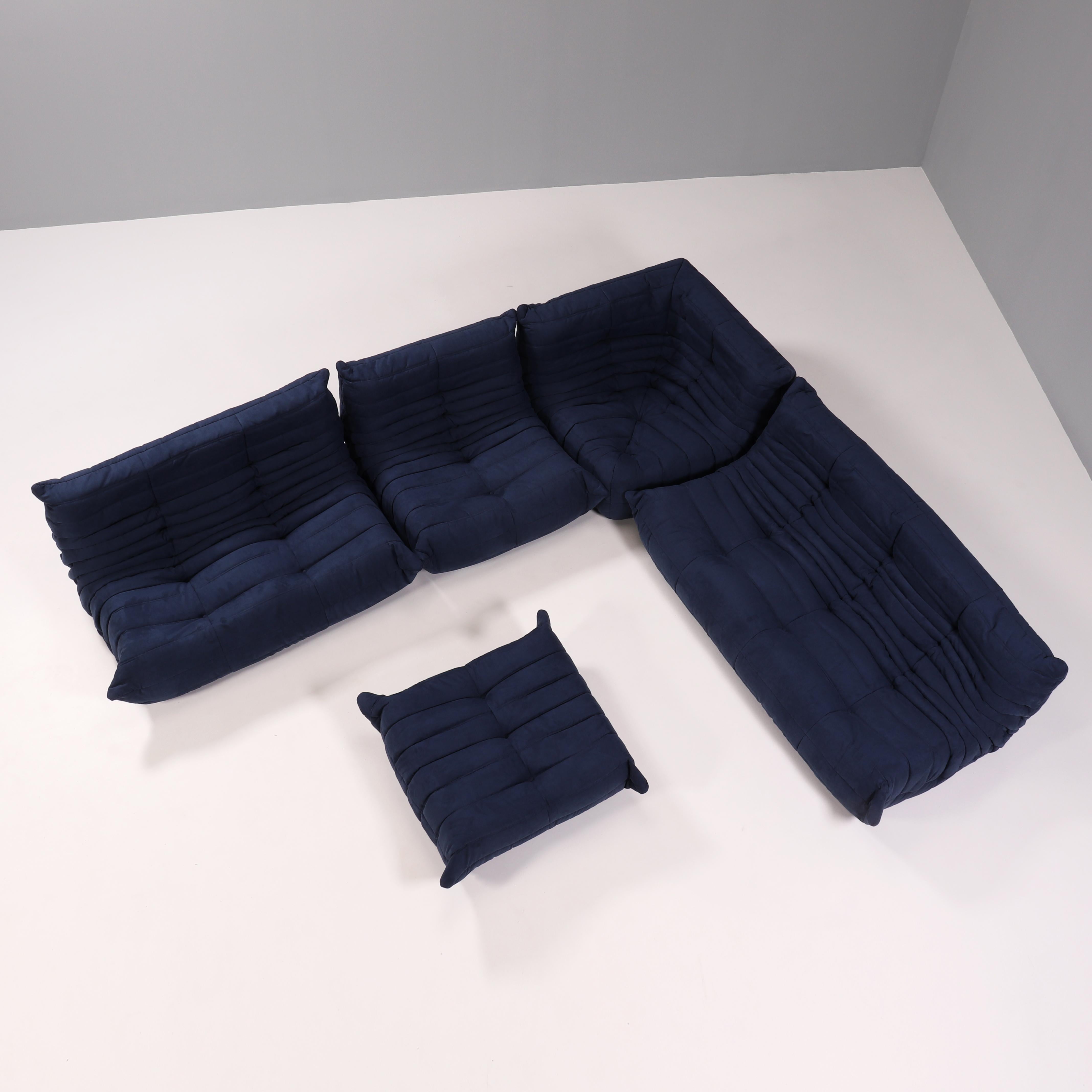 Fabric Ligne Roset Dark Blue Togo Modular Sofa and Footstool, Set of Five For Sale