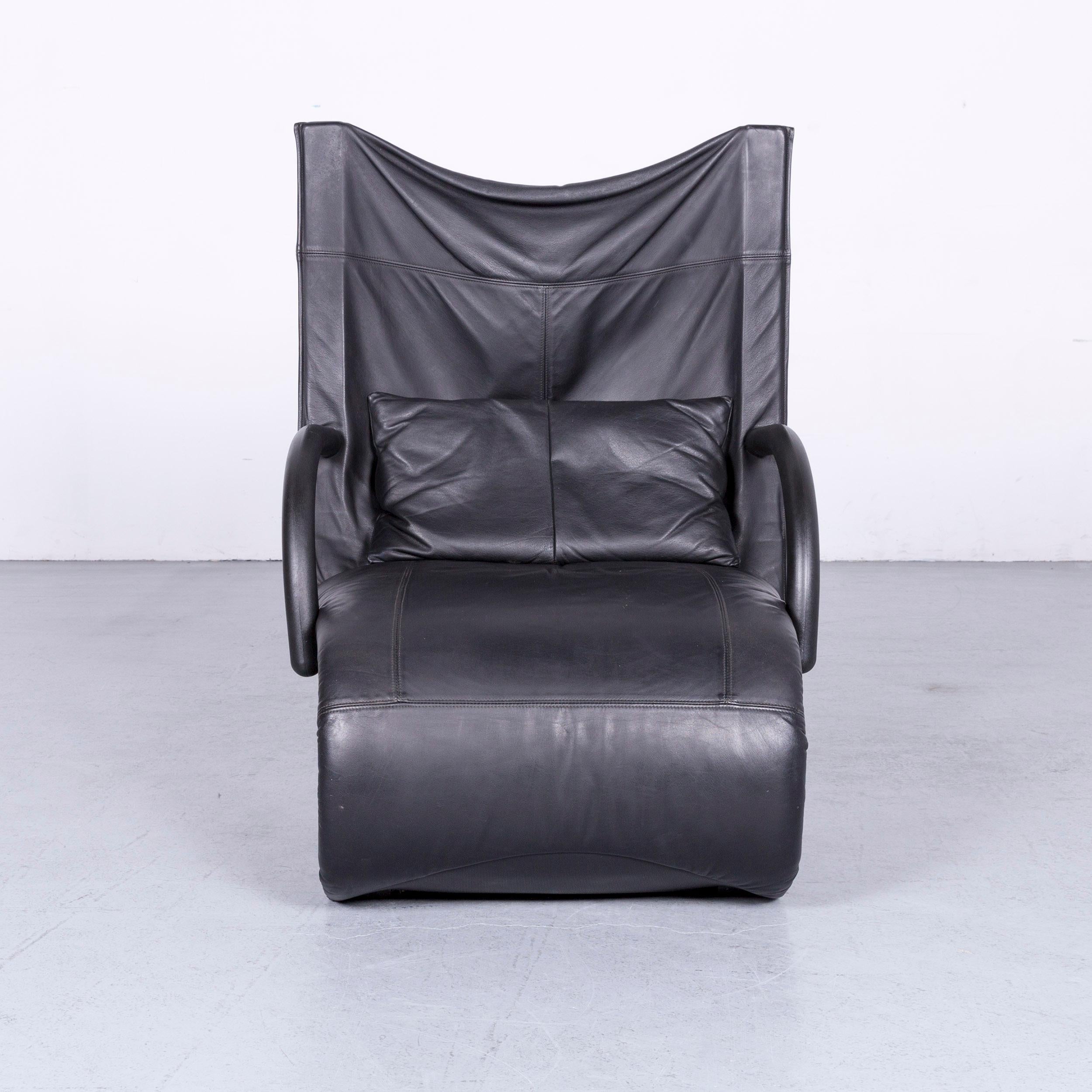 Modern Ligne Roset Designer Leather Armchair Black Genuine Leather Chair Stool For Sale