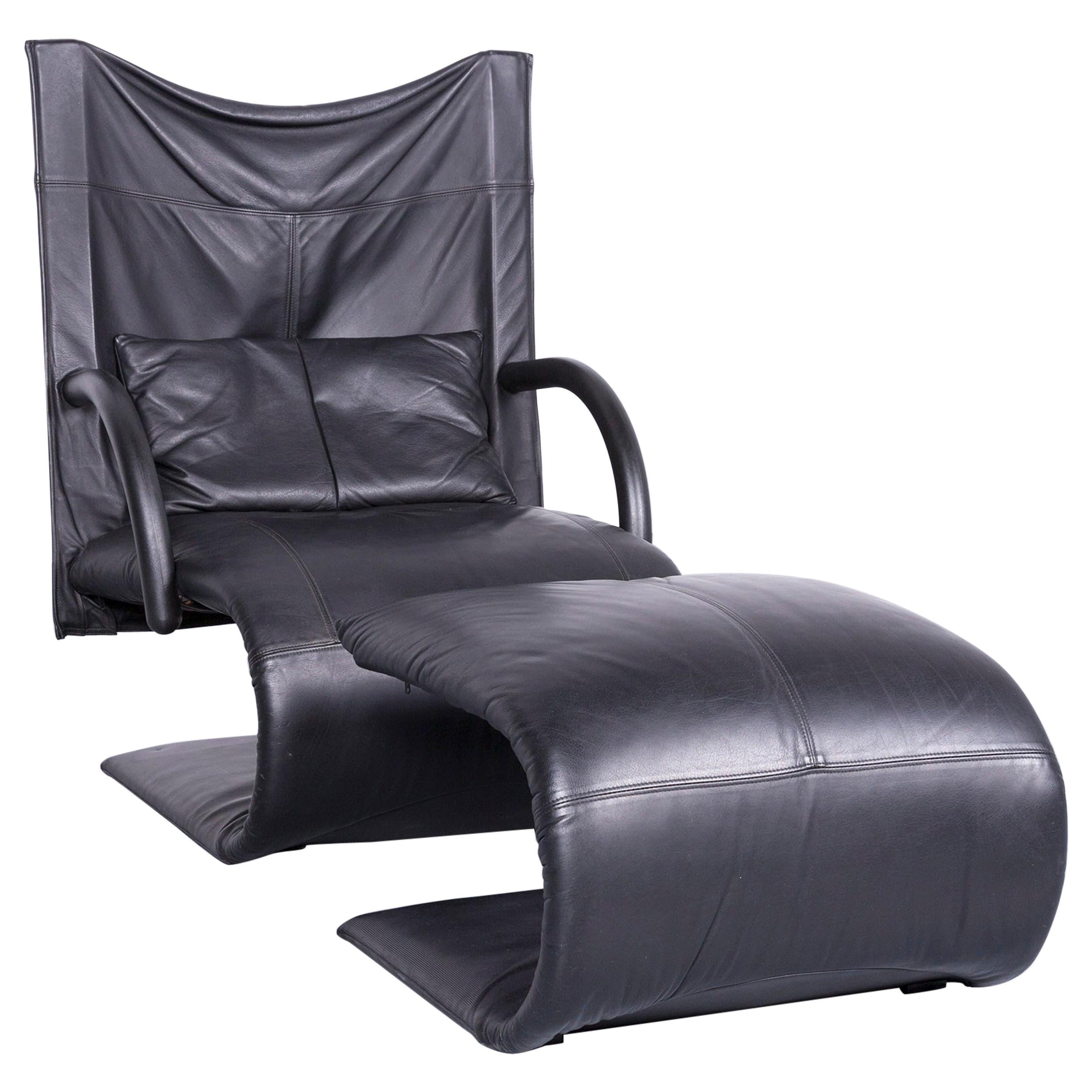 Ligne Roset Designer Leather Armchair Black Genuine Leather Chair Stool For Sale