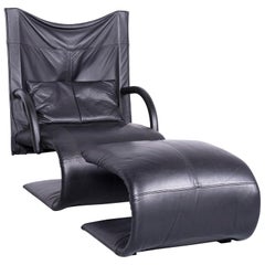 Ligne Roset Designer Leather Armchair Black One-Seat Chair Footstool