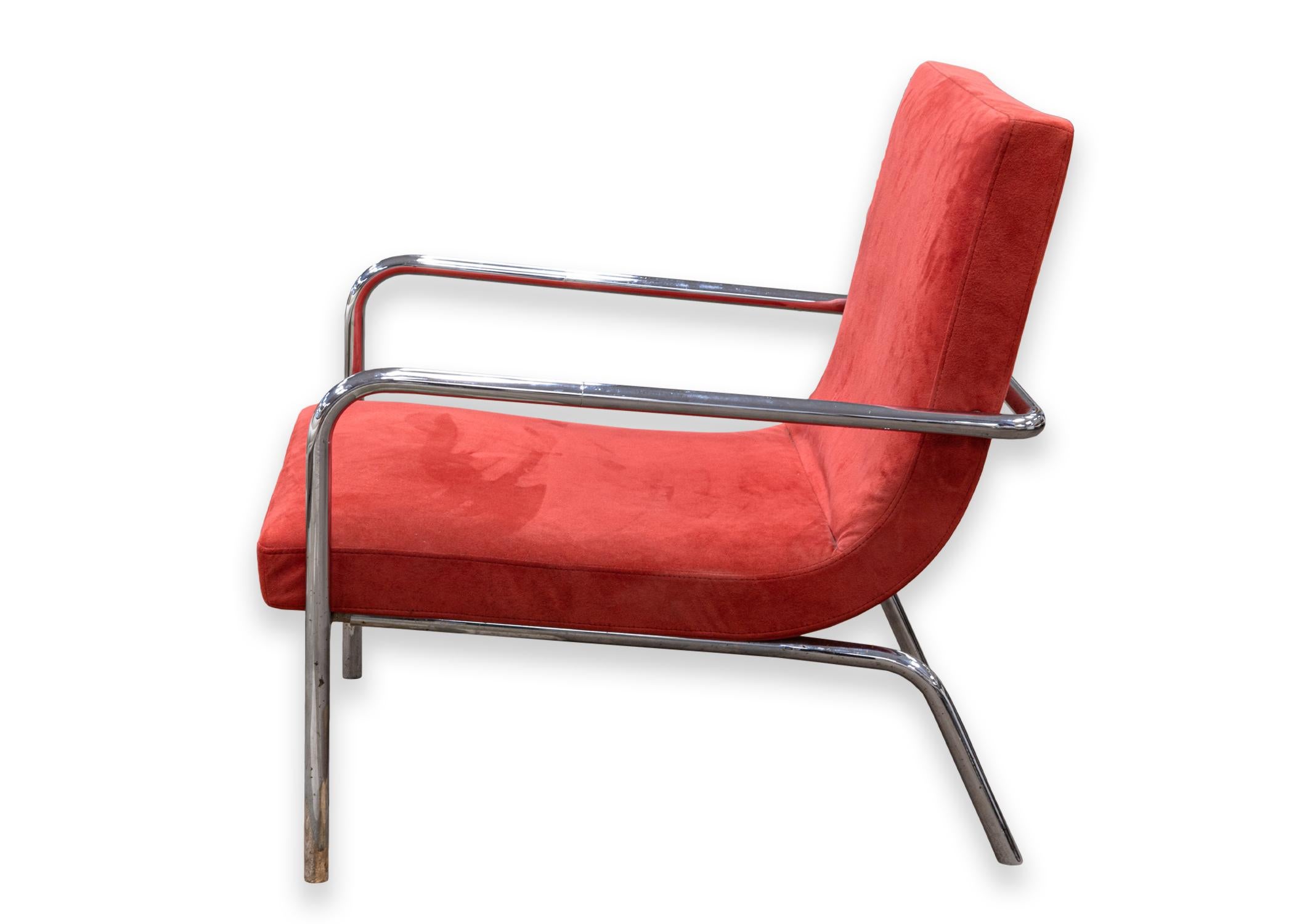 Ligne Roset Dessau Contemporary Modern Chrome and Red Suede Leather Lounge Chair In Good Condition In Keego Harbor, MI