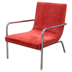 Vintage Ligne Roset Dessau Contemporary Modern Chrome and Red Suede Leather Lounge Chair