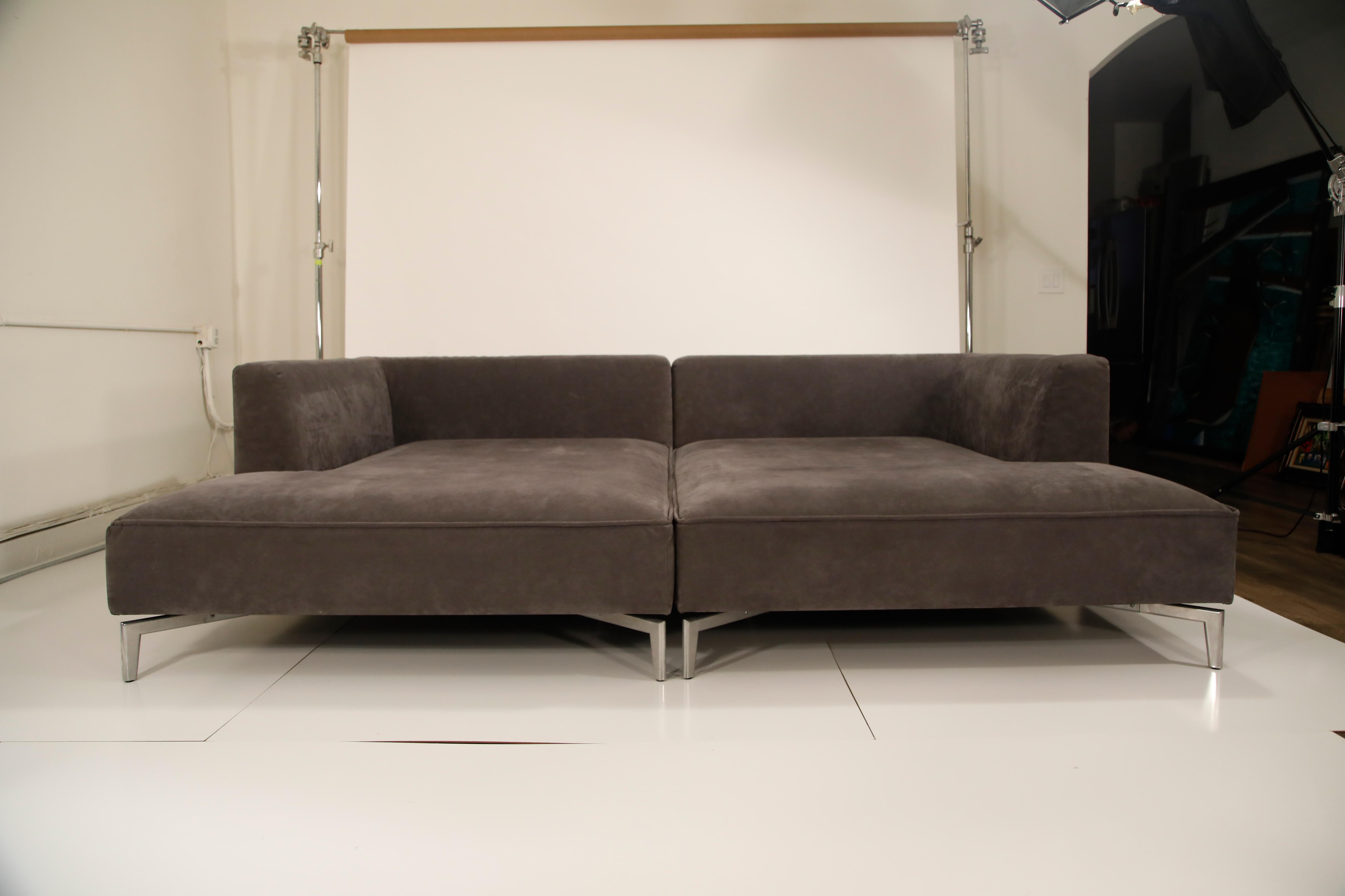 French Ligne Roset Double Chaise Daybed in Dark Grey Alcantara Ultrasuede, Signed