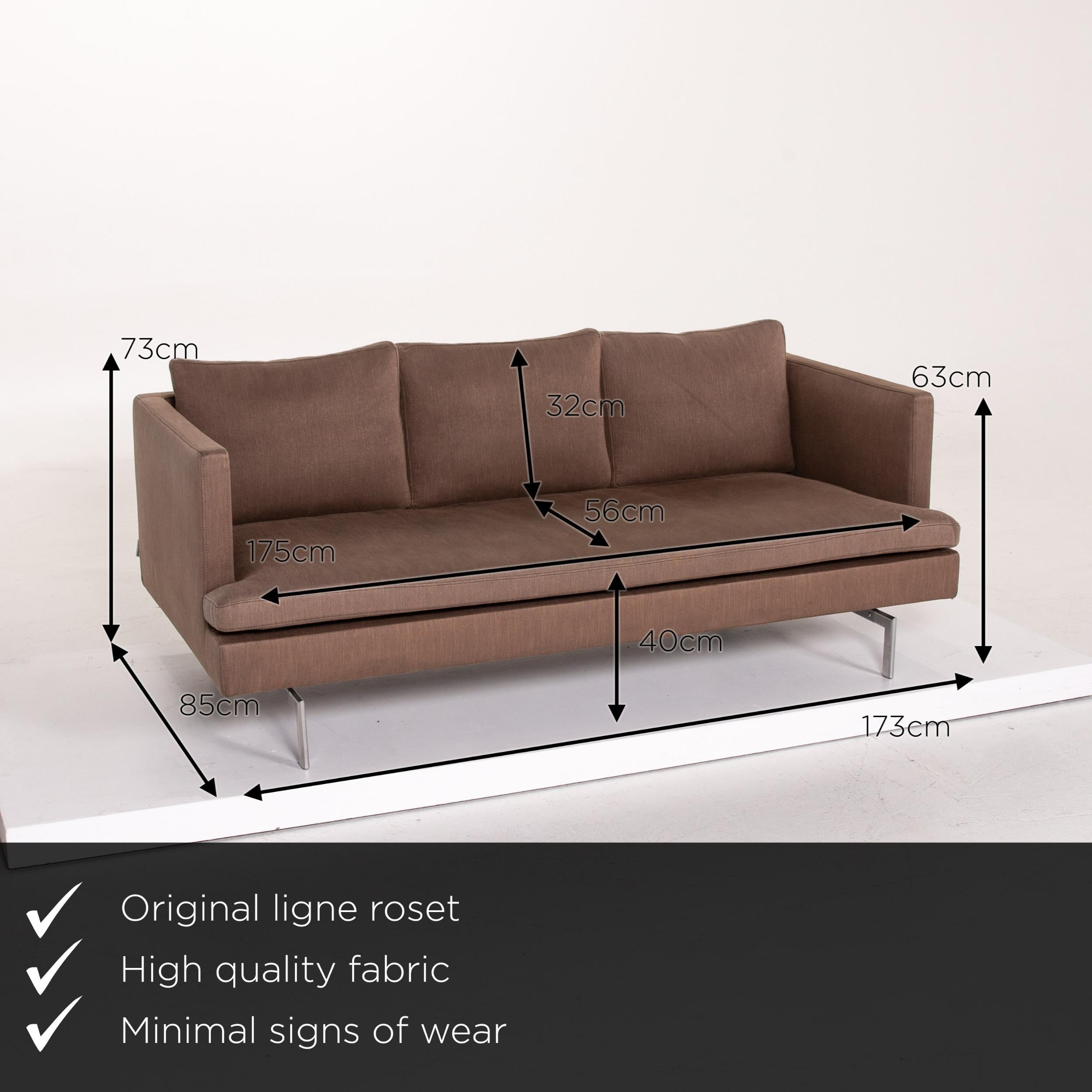 We present to you a ligne roset fabric sofa brown three-seat couch.

 

 Product measurements in centimeters:
 

Depth 85
Width 173
Height 73
Seat height 40
Rest height 63
Seat depth 56
Seat width 175
Back height 32.