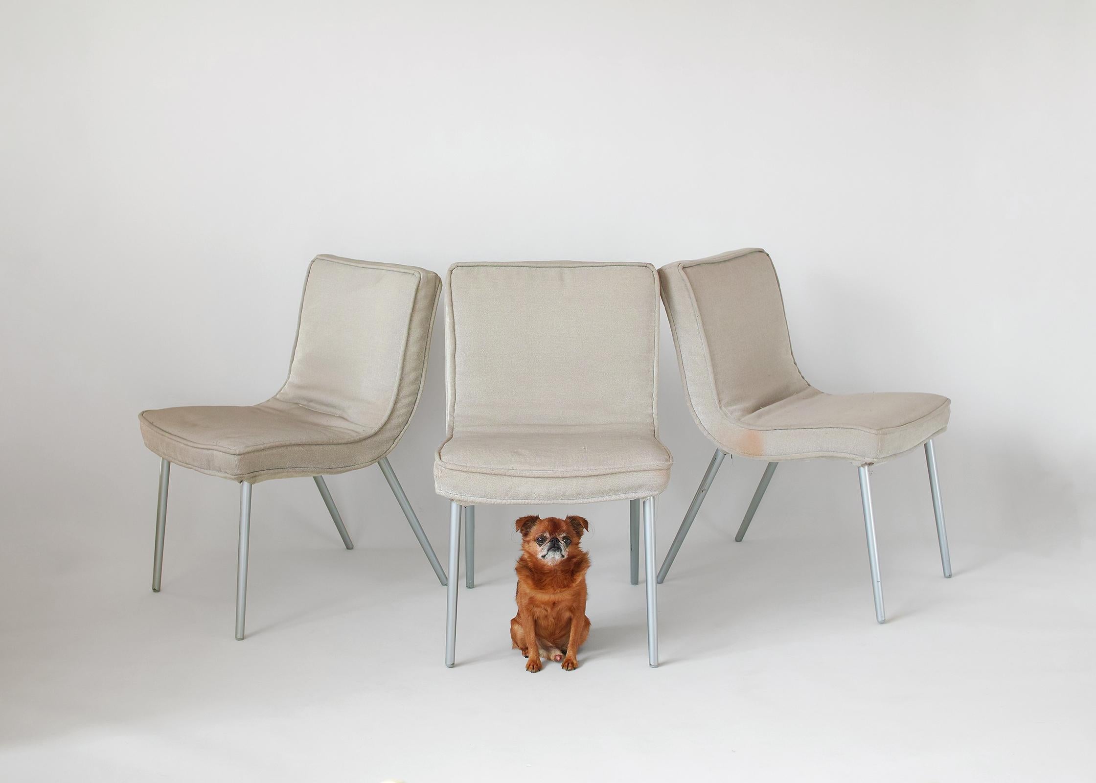 For your consideration are these three, all-original Ligne Roset French modern dining chairs attributed to Christian Werner. Sturdy and comfortable, they feature a scoop form with original gray upholstery and tubular steel legs with metallic gray