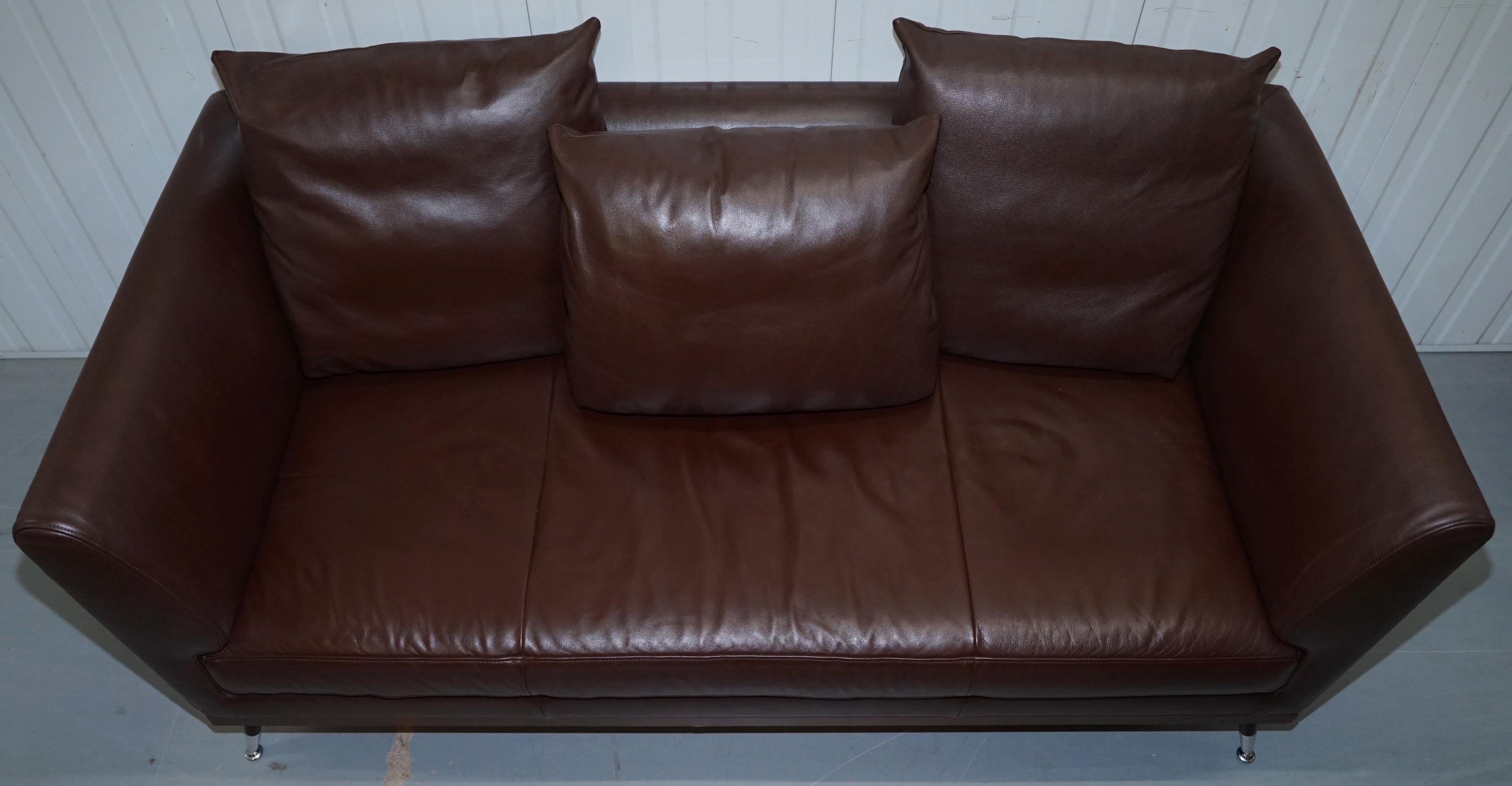 Hand-Crafted Ligne Roset Fugue Brown Leather Sofa Feather Cushions Didier Gomez