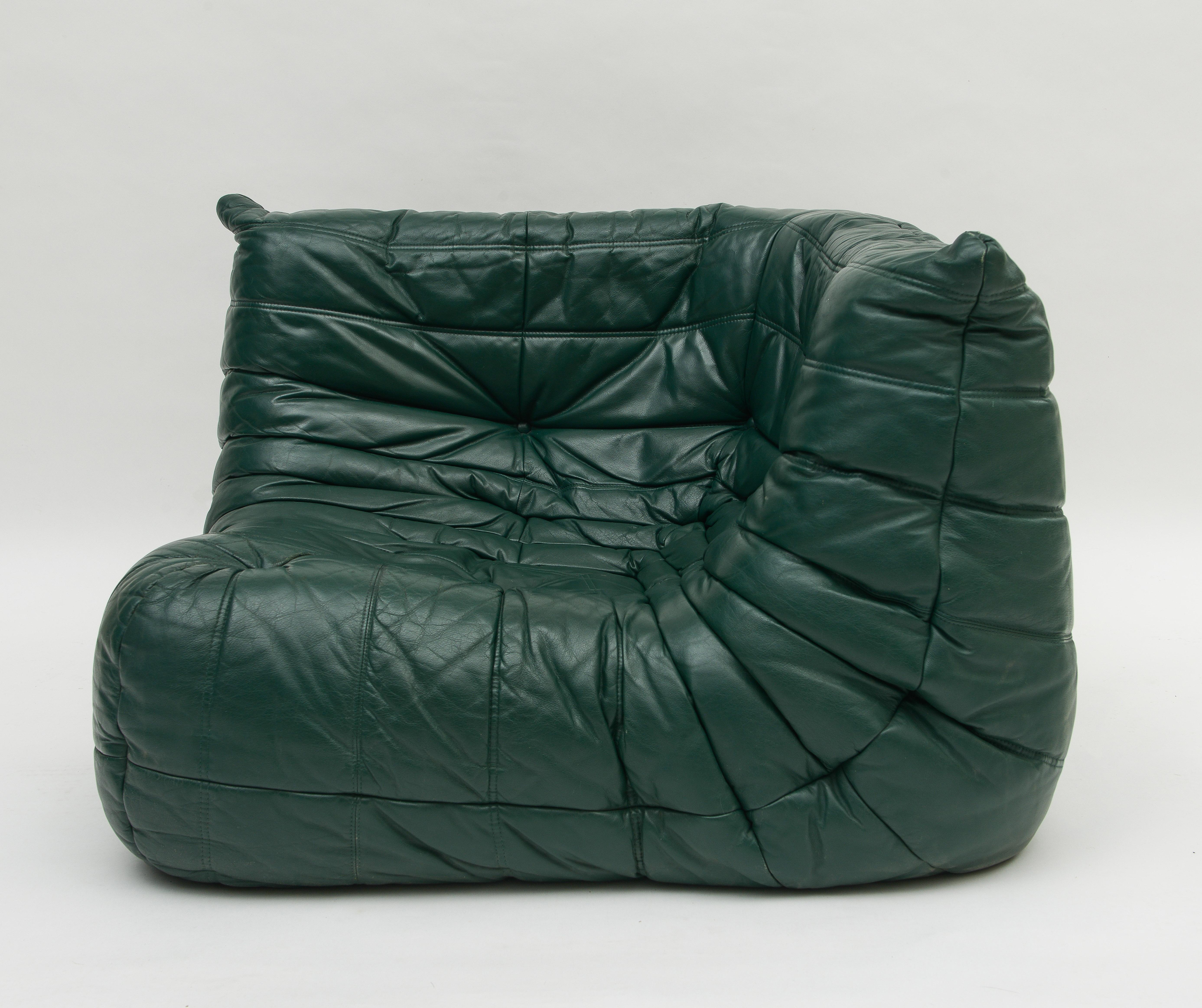 Ligne Roset Green Leather Togo Sofa and Corner Chair, France, 1980's 2