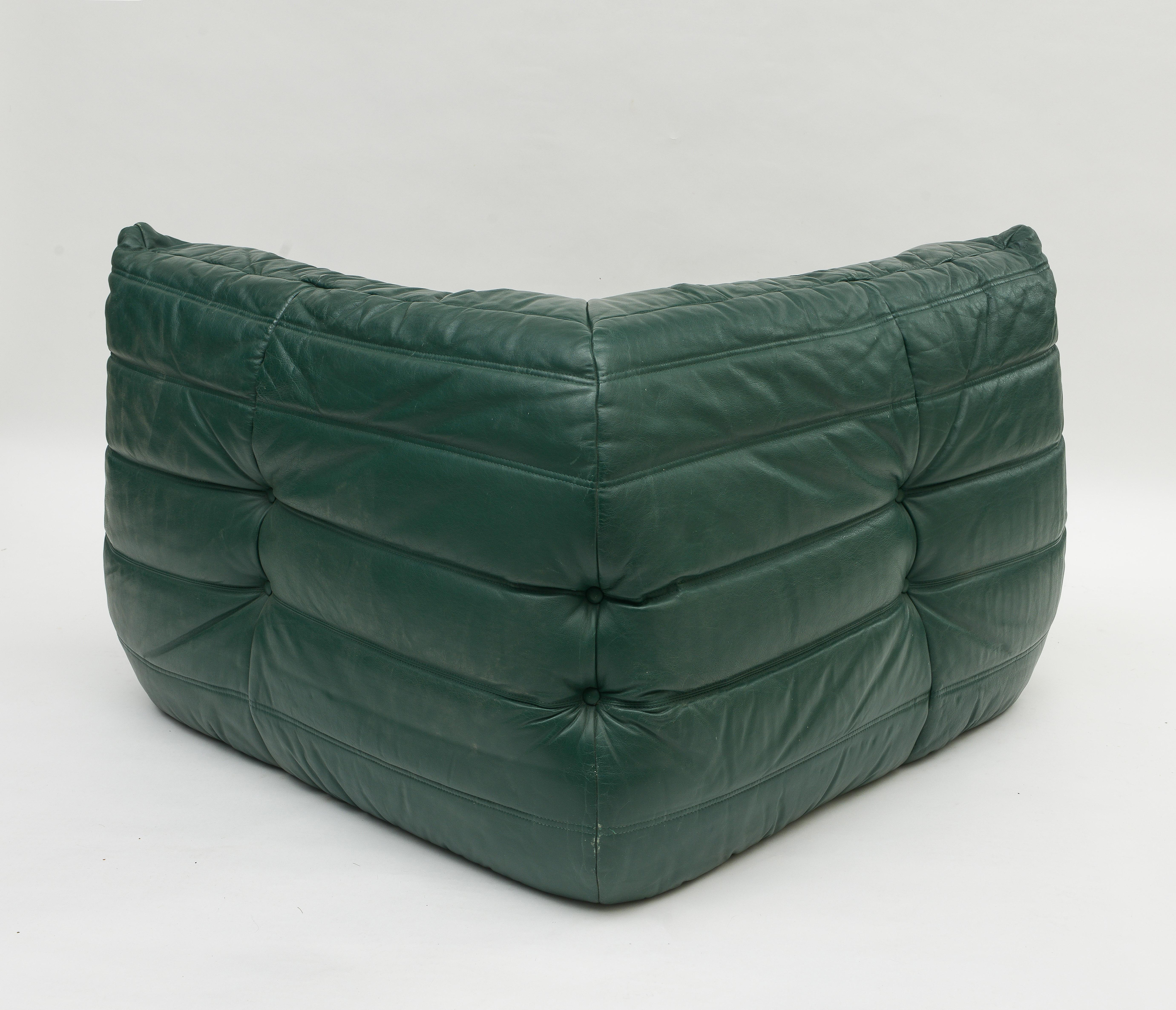 Ligne Roset Green Leather Togo Sofa and Corner Chair, France, 1980's 4