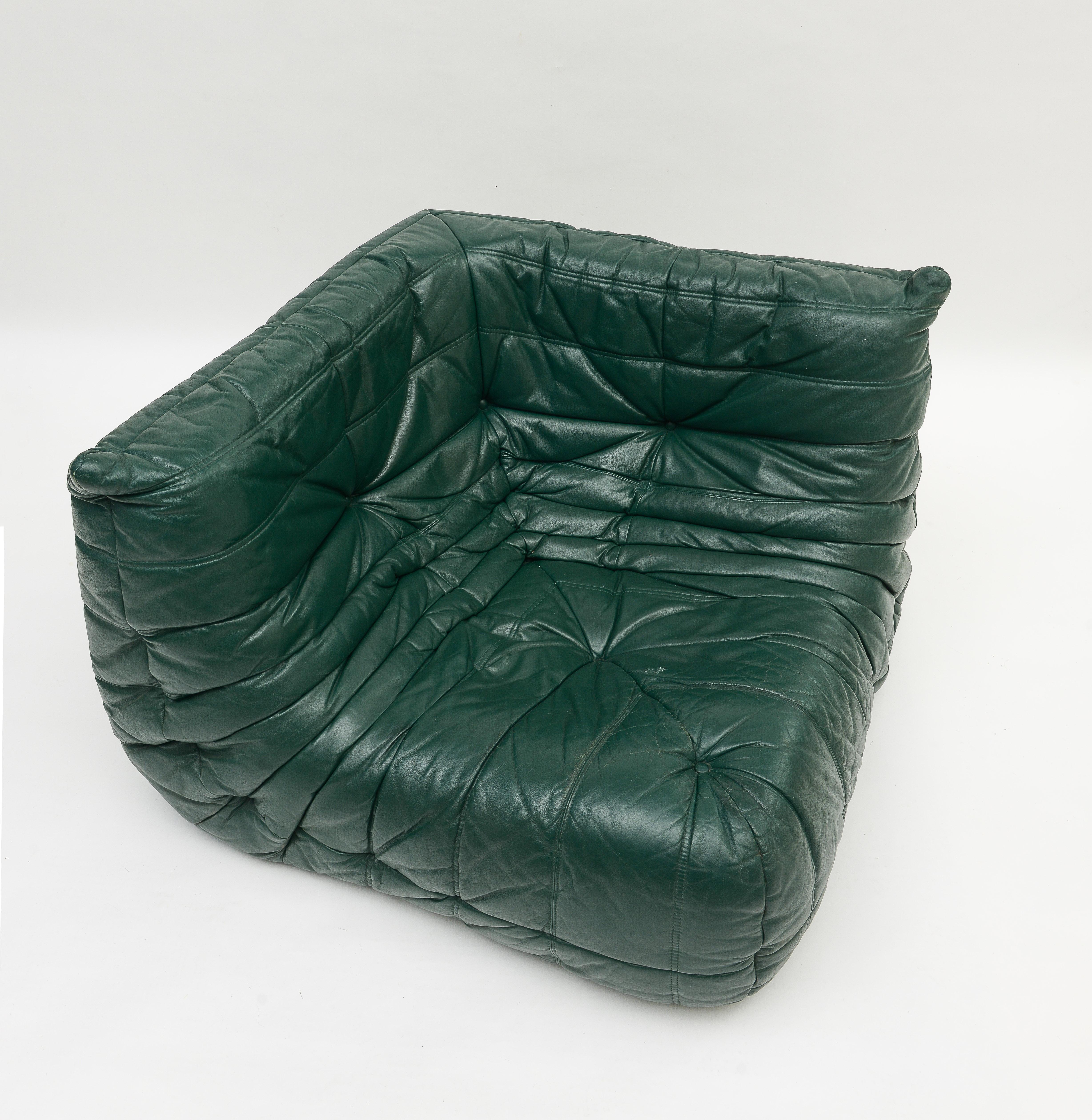 Ligne Roset Green Leather Togo Sofa and Corner Chair, France, 1980's 5