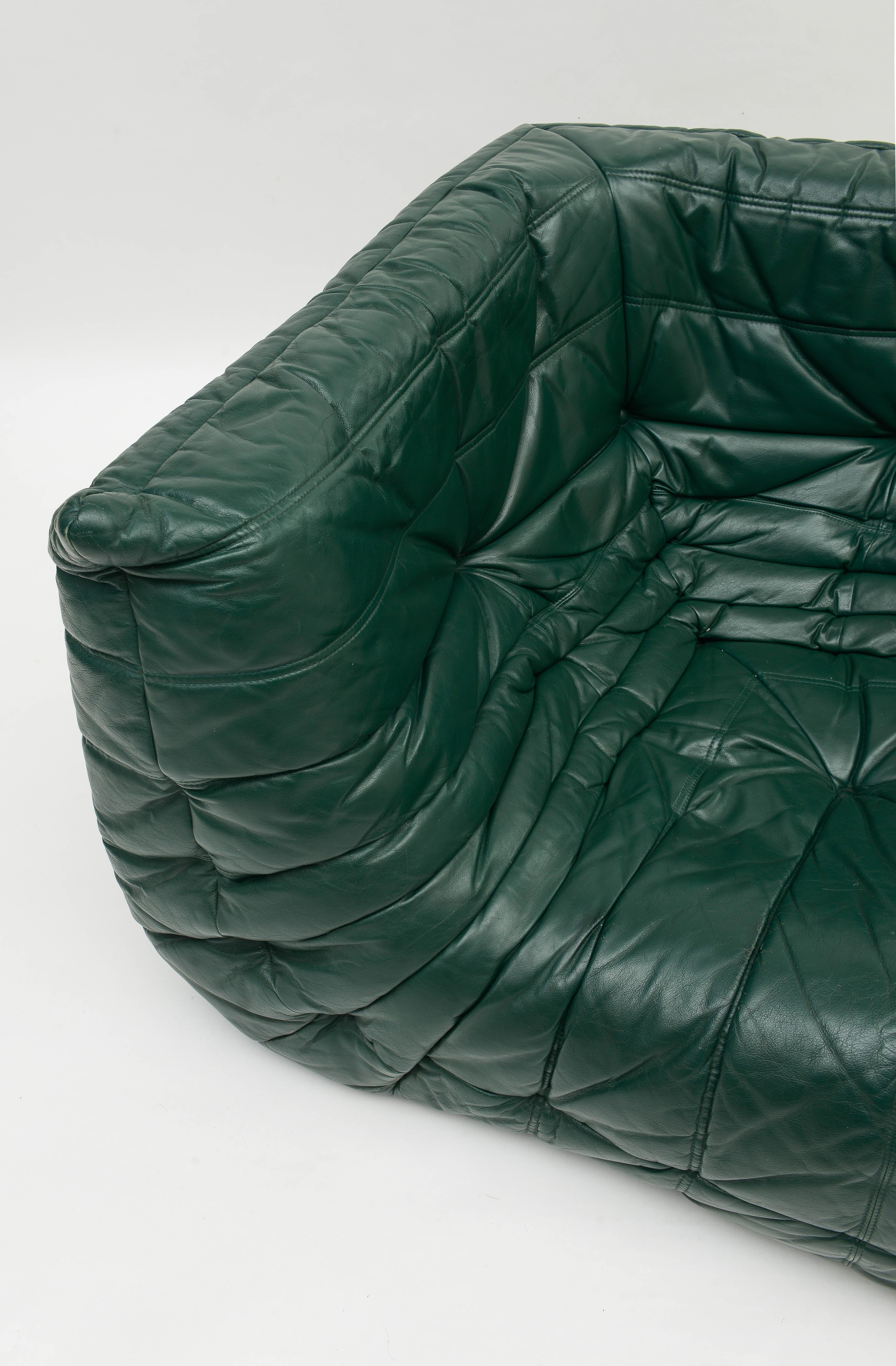 Ligne Roset Green Leather Togo Sofa and Corner Chair, France, 1980's 6