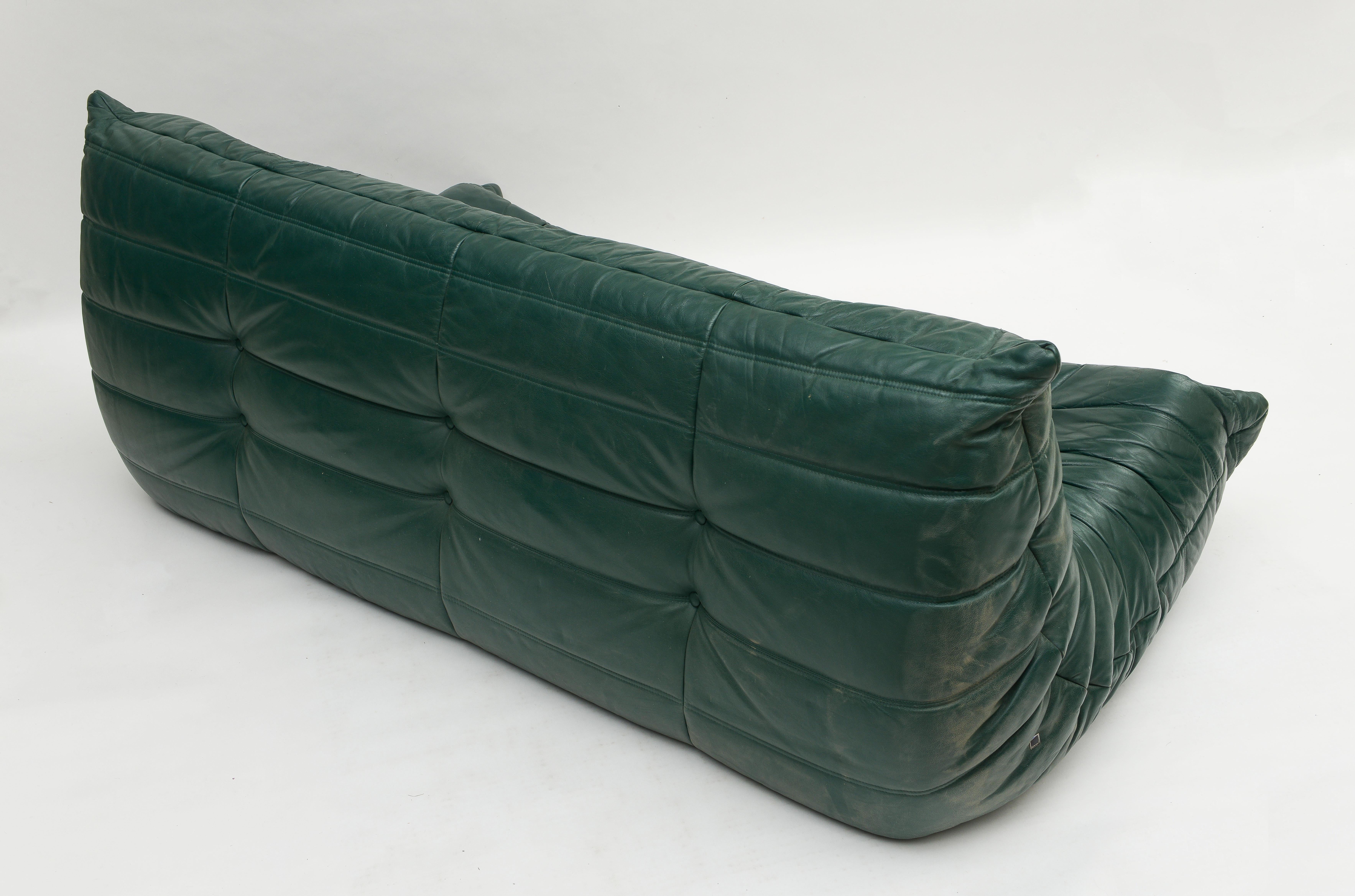 Ligne Roset Green Leather Togo Sofa and Corner Chair, France, 1980's In Good Condition In New York, NY