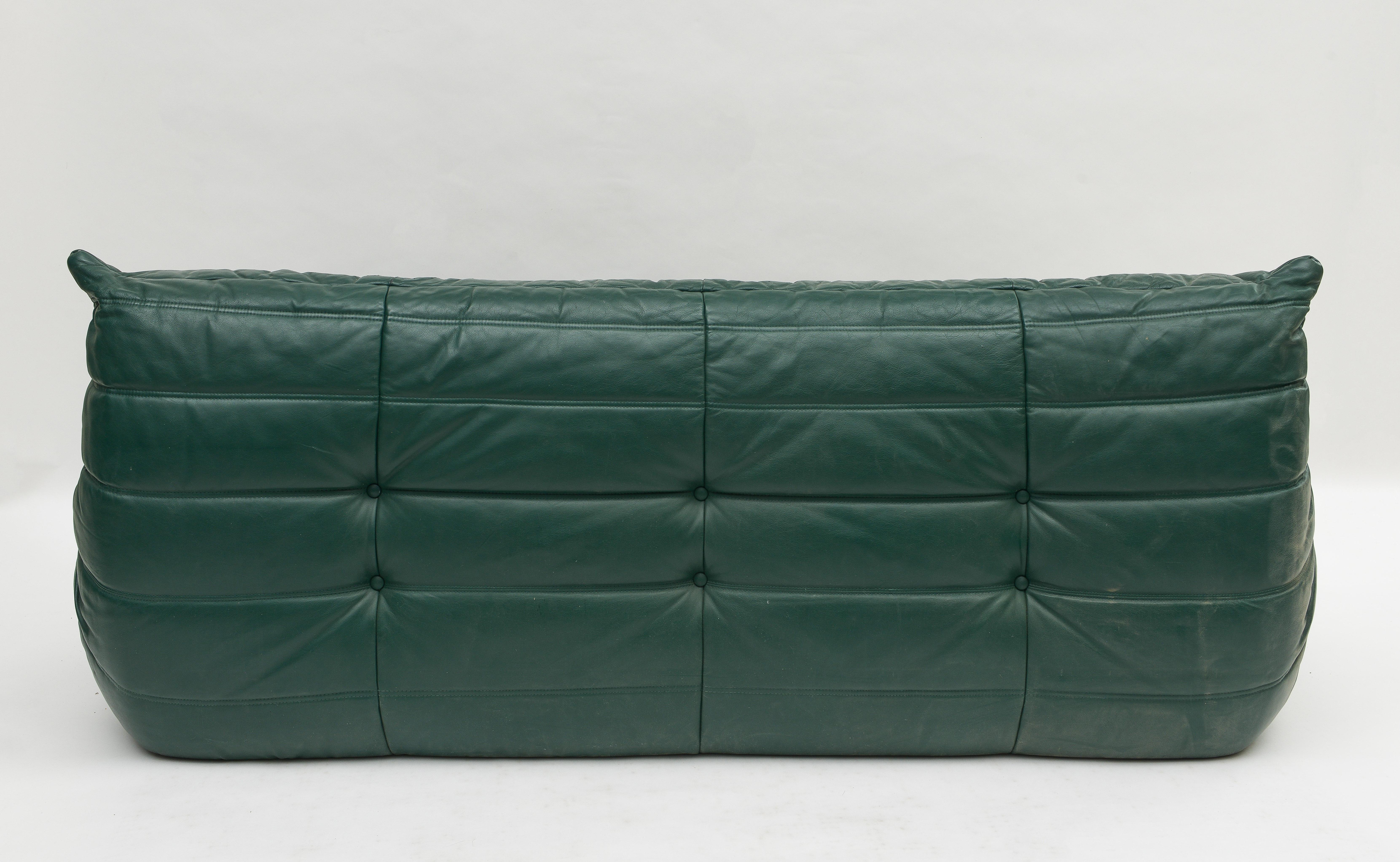 20th Century Ligne Roset Green Leather Togo Sofa and Corner Chair, France, 1980's