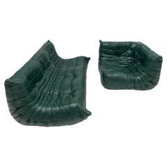 Ligne Roset Green Leather Togo Sofa and Corner Chair, France, 1980's
