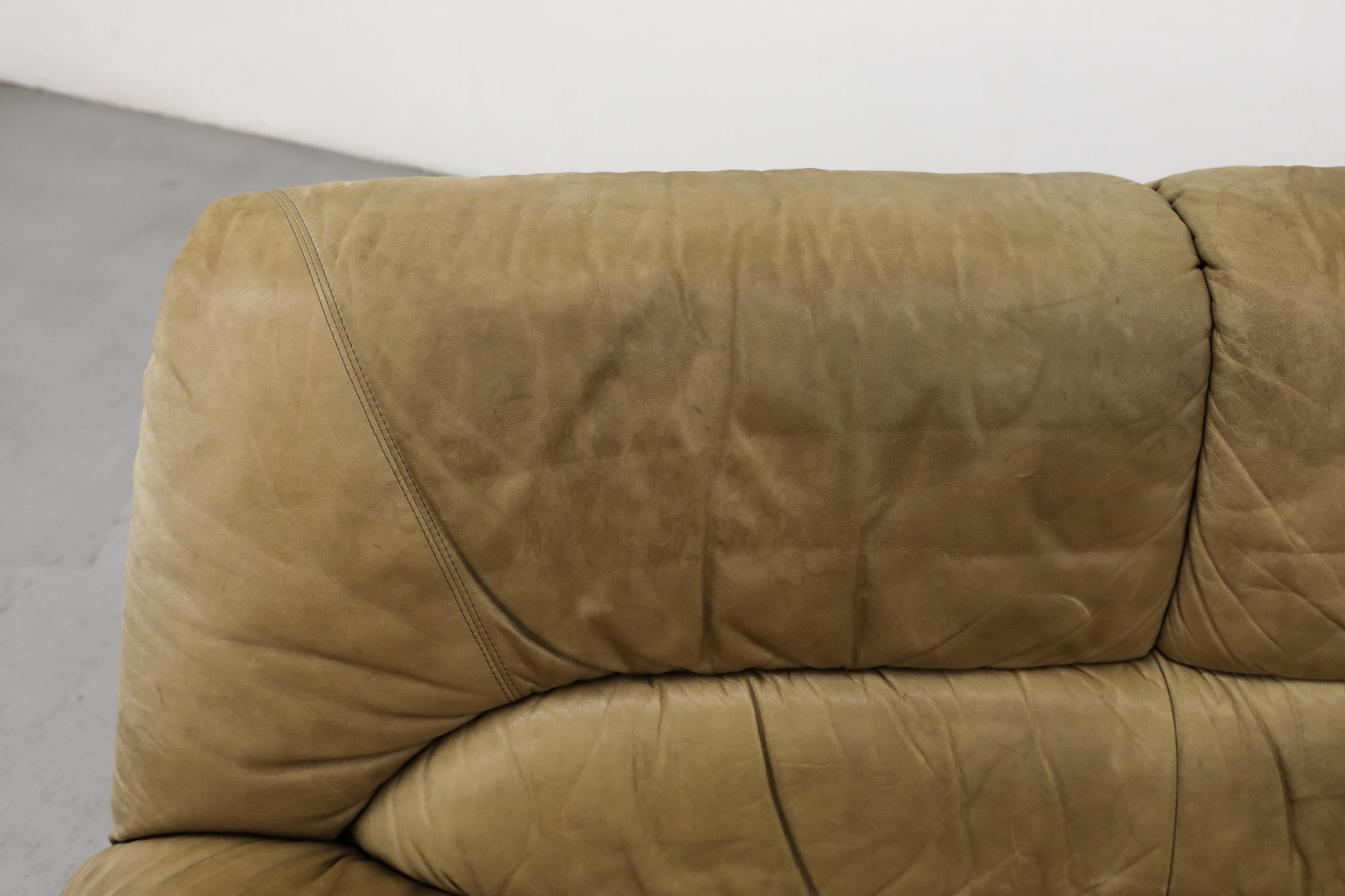 Ligne Roset Inspired 1980s Tan Leather Loveseat w/ Slanted Profile For Sale 6