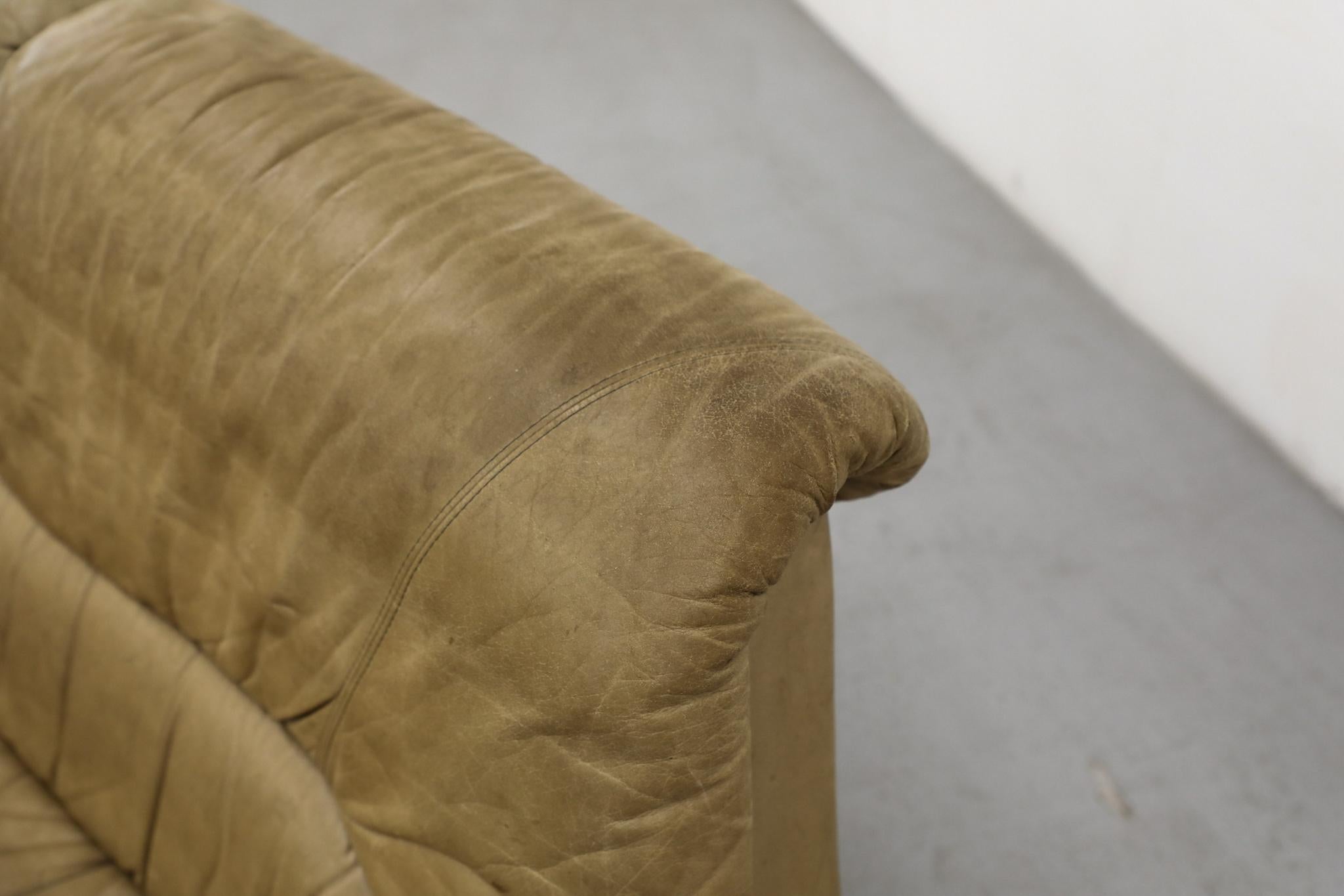 Ligne Roset Inspired 1980s Tan Leather Loveseat w/ Slanted Profile For Sale 7