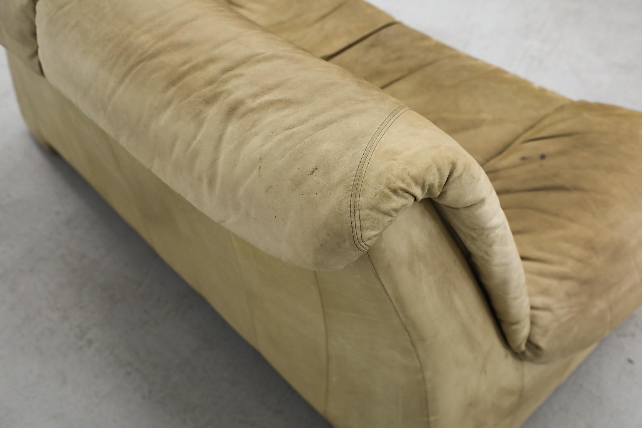 Ligne Roset Inspired 1980s Tan Leather Loveseat w/ Slanted Profile For Sale 11