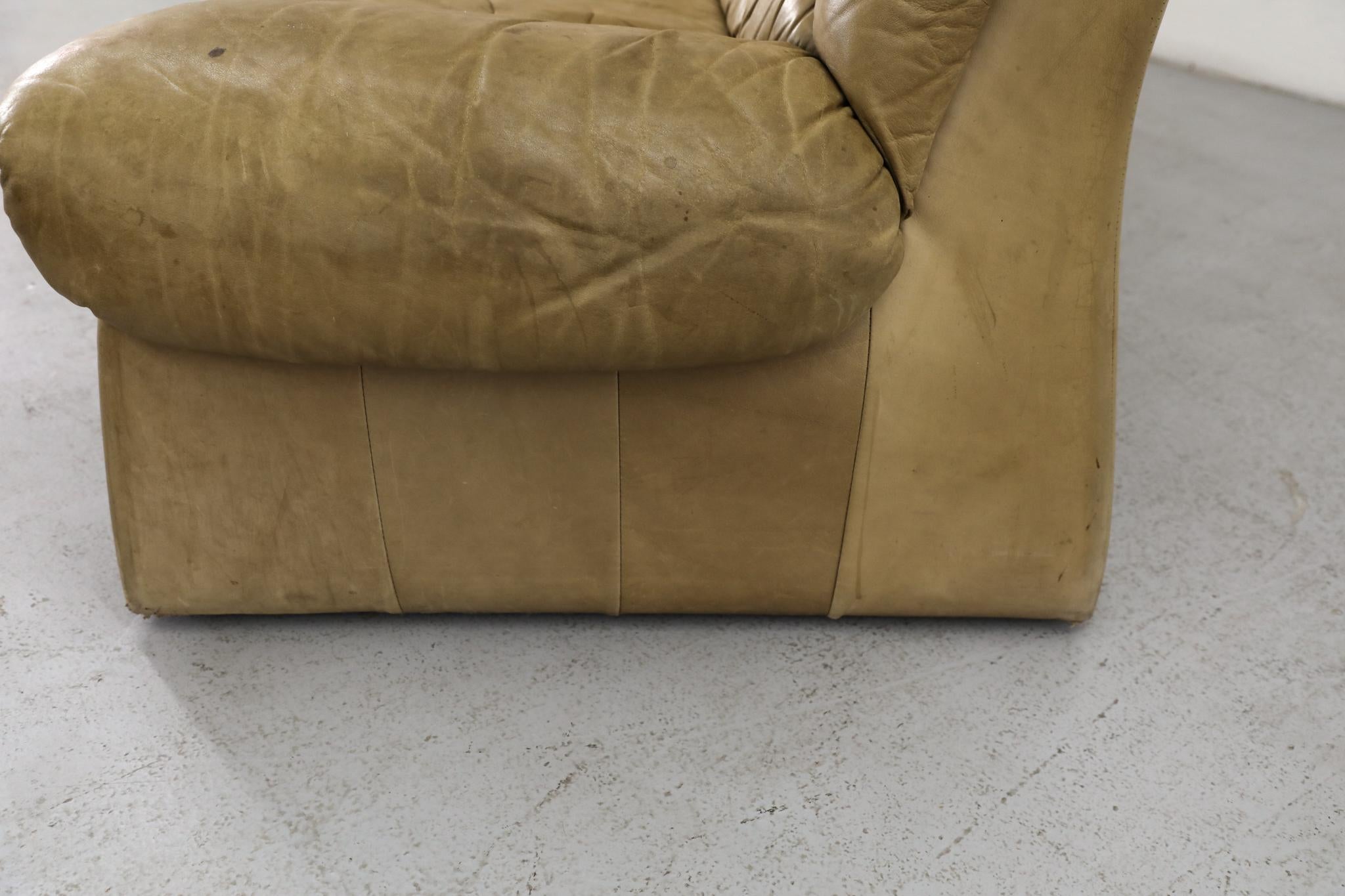 Ligne Roset Inspired 1980s Tan Leather Loveseat w/ Slanted Profile For Sale 13