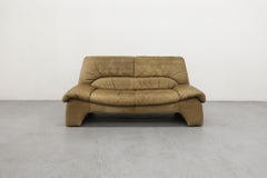 Ligne Roset Inspired 1980s Tan Leather Loveseat w/ Slanted Profile