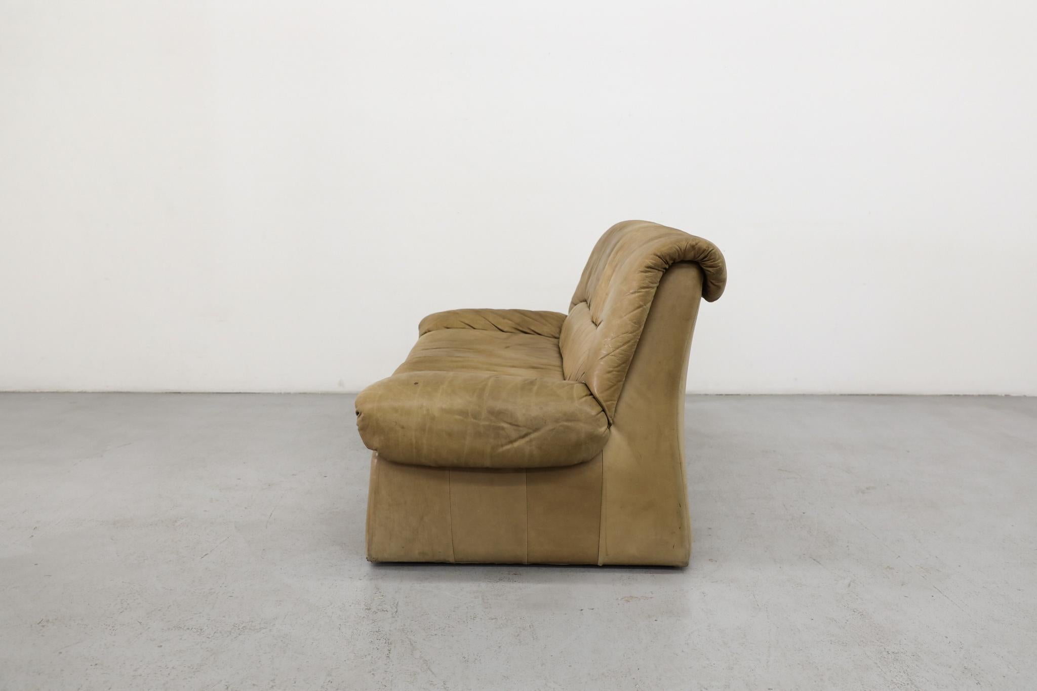 Dutch Ligne Roset Inspired 1980s Tan Leather Loveseat w/ Slanted Profile For Sale