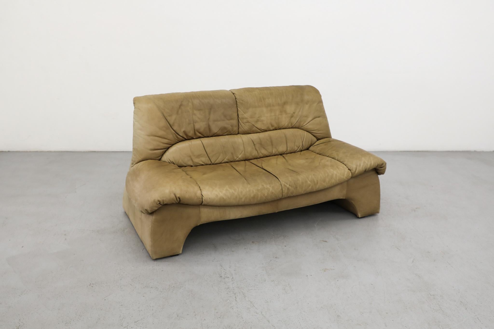 Ligne Roset Inspired 1980s Tan Leather Loveseat w/ Slanted Profile For Sale 1