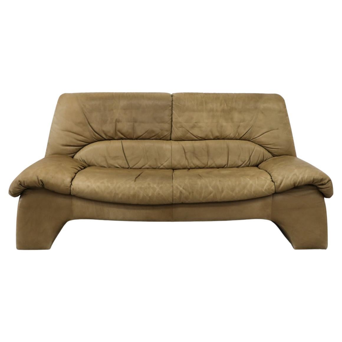 Ligne Roset Inspired 1980s Tan Leather Loveseat w/ Slanted Profile For Sale