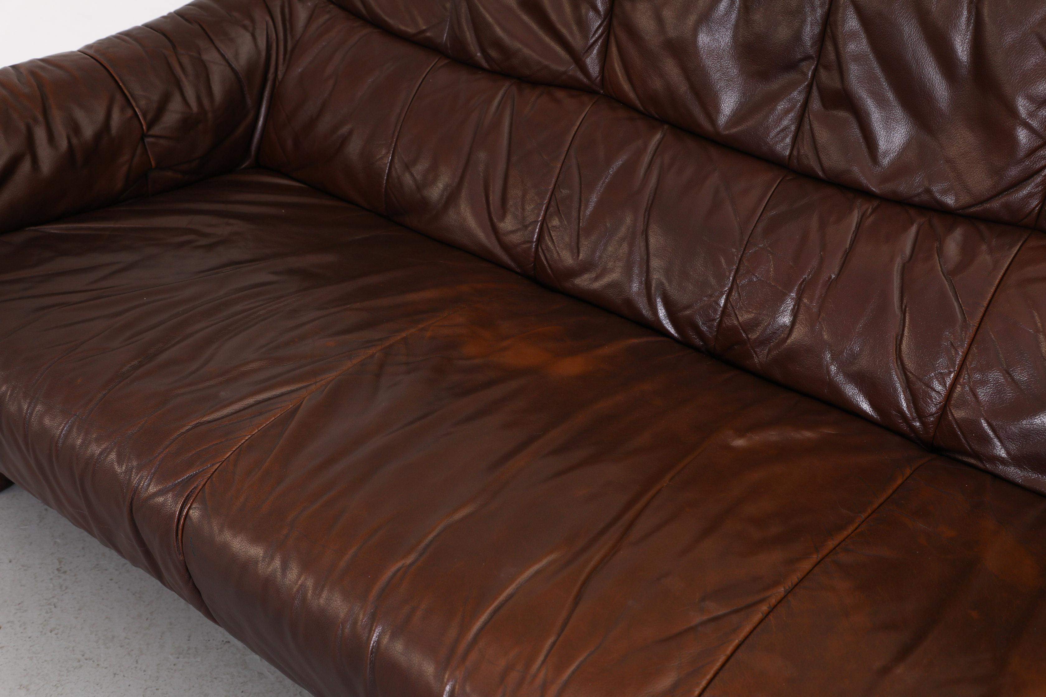Ligne Roset Inspired Brown Leather Sofa For Sale 7