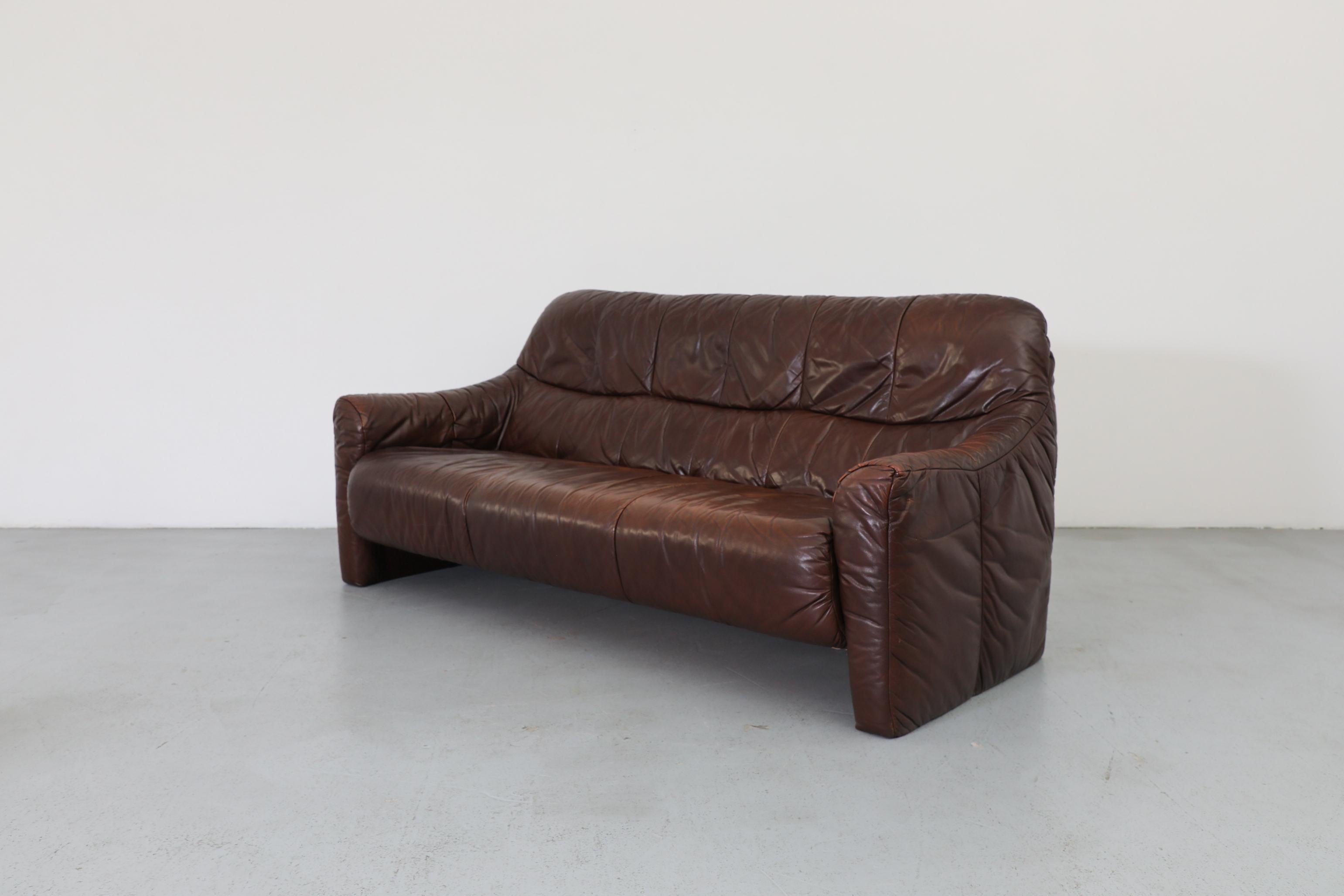 Mid-Century Modern Ligne Roset Inspired Brown Leather Sofa For Sale