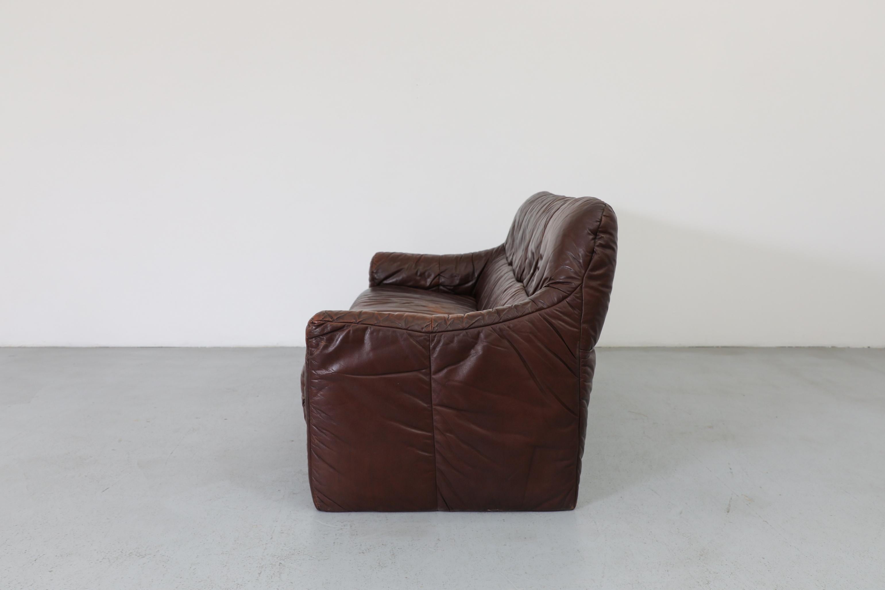 Dutch Ligne Roset Inspired Brown Leather Sofa For Sale